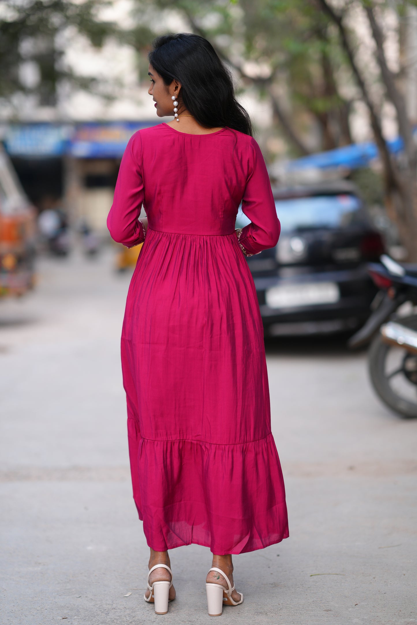 Red Color Viscose Fabric Long Frock With Embroidery Work