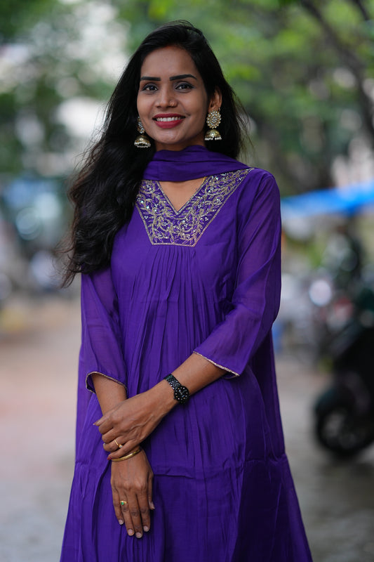 Purple Color Mul Chandheri A Line 3 Piece Set