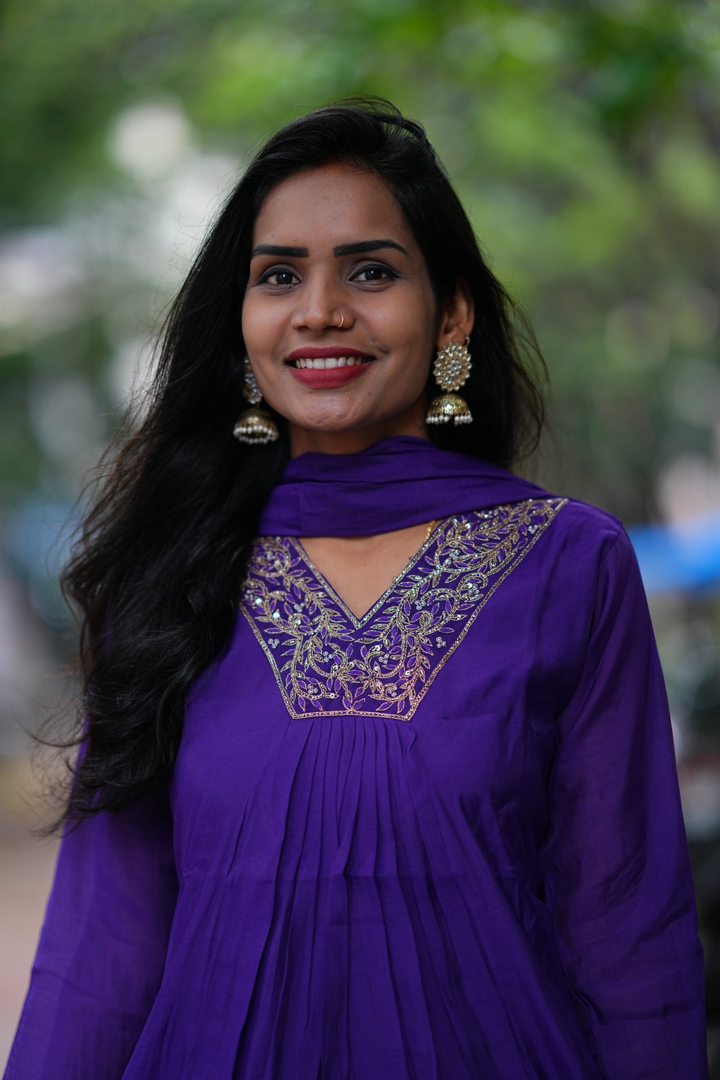 Purple Color Mul Chandheri A Line 3 Piece Set