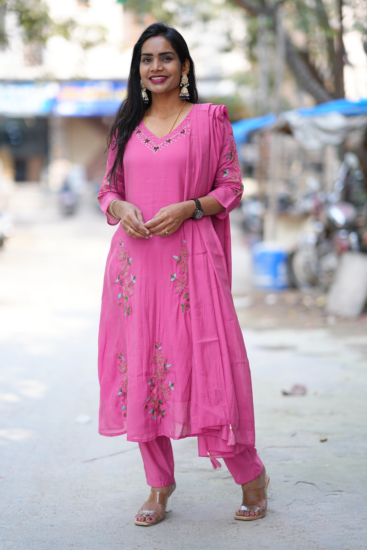 Deep Rose Pink Color Mul Chanderi 3 Festive Wear 3 Piece Set With Full Lining