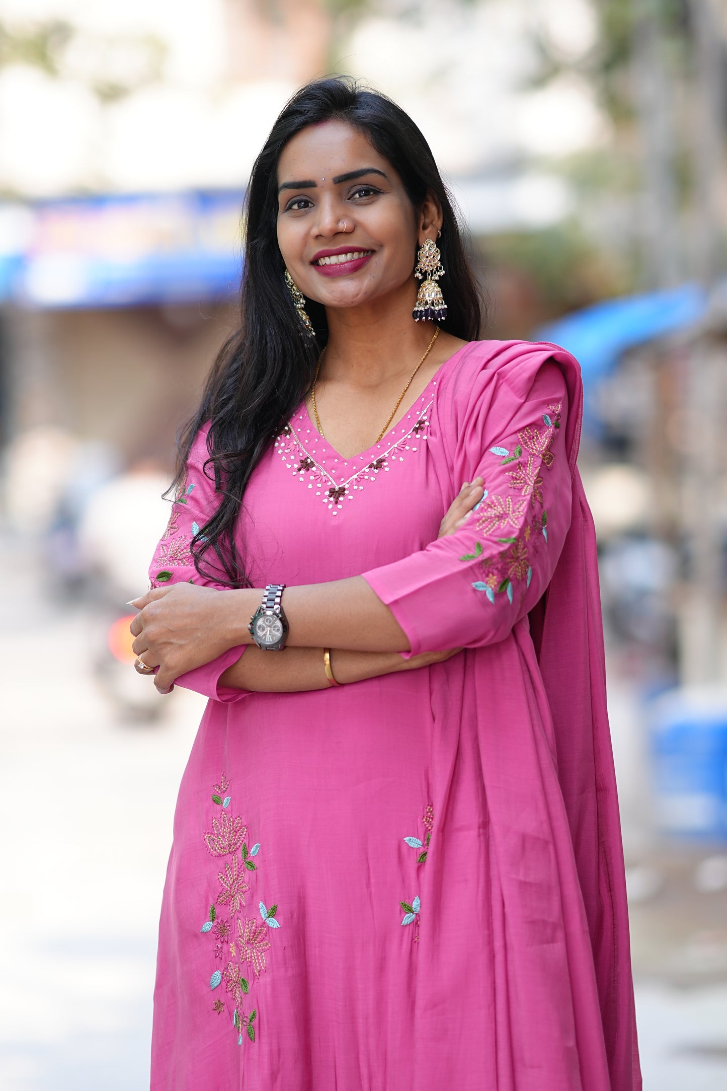 Deep Rose Pink Color Mul Chanderi 3 Festive Wear 3 Piece Set With Full Lining