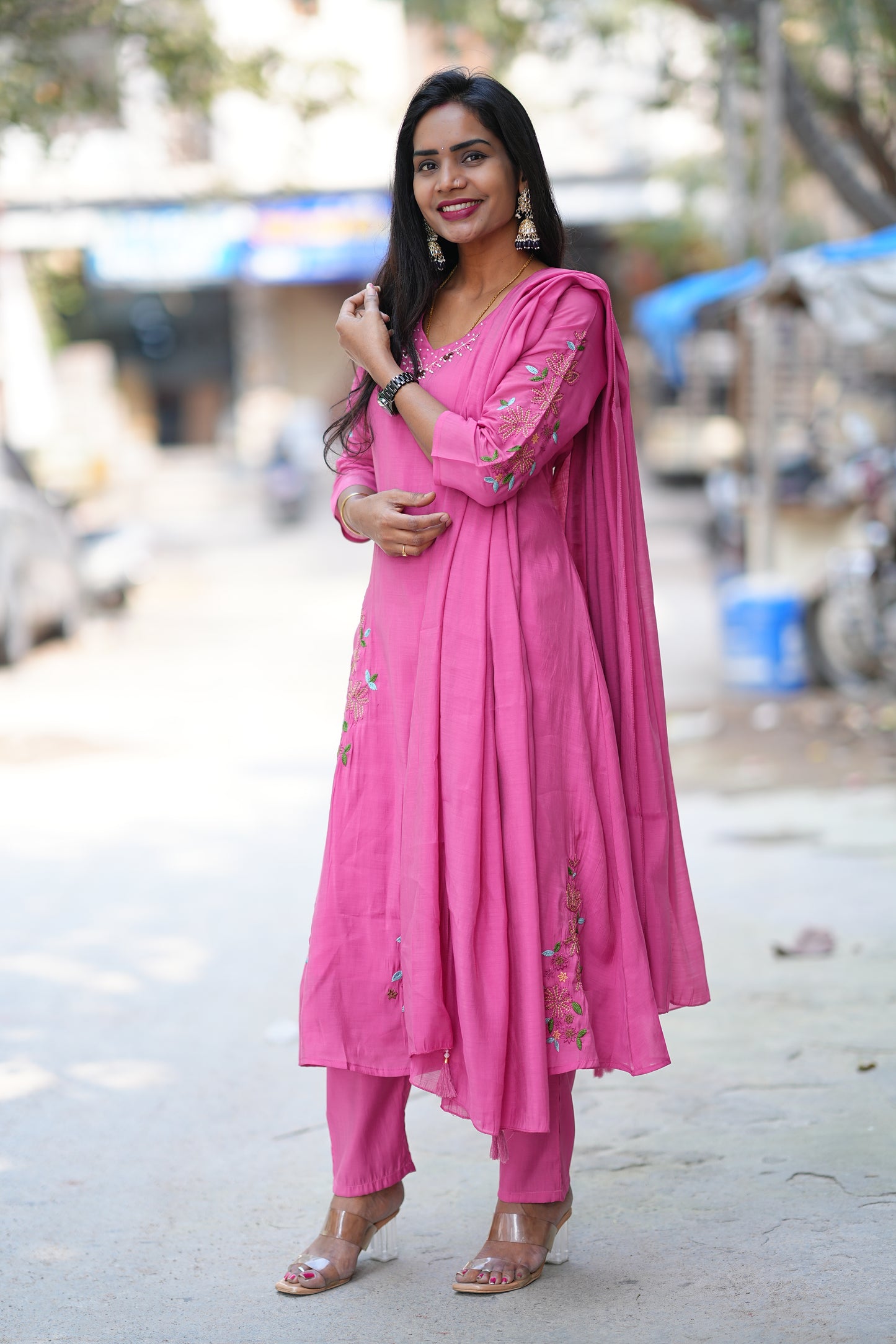 Deep Rose Pink Color Mul Chanderi 3 Festive Wear 3 Piece Set With Full Lining