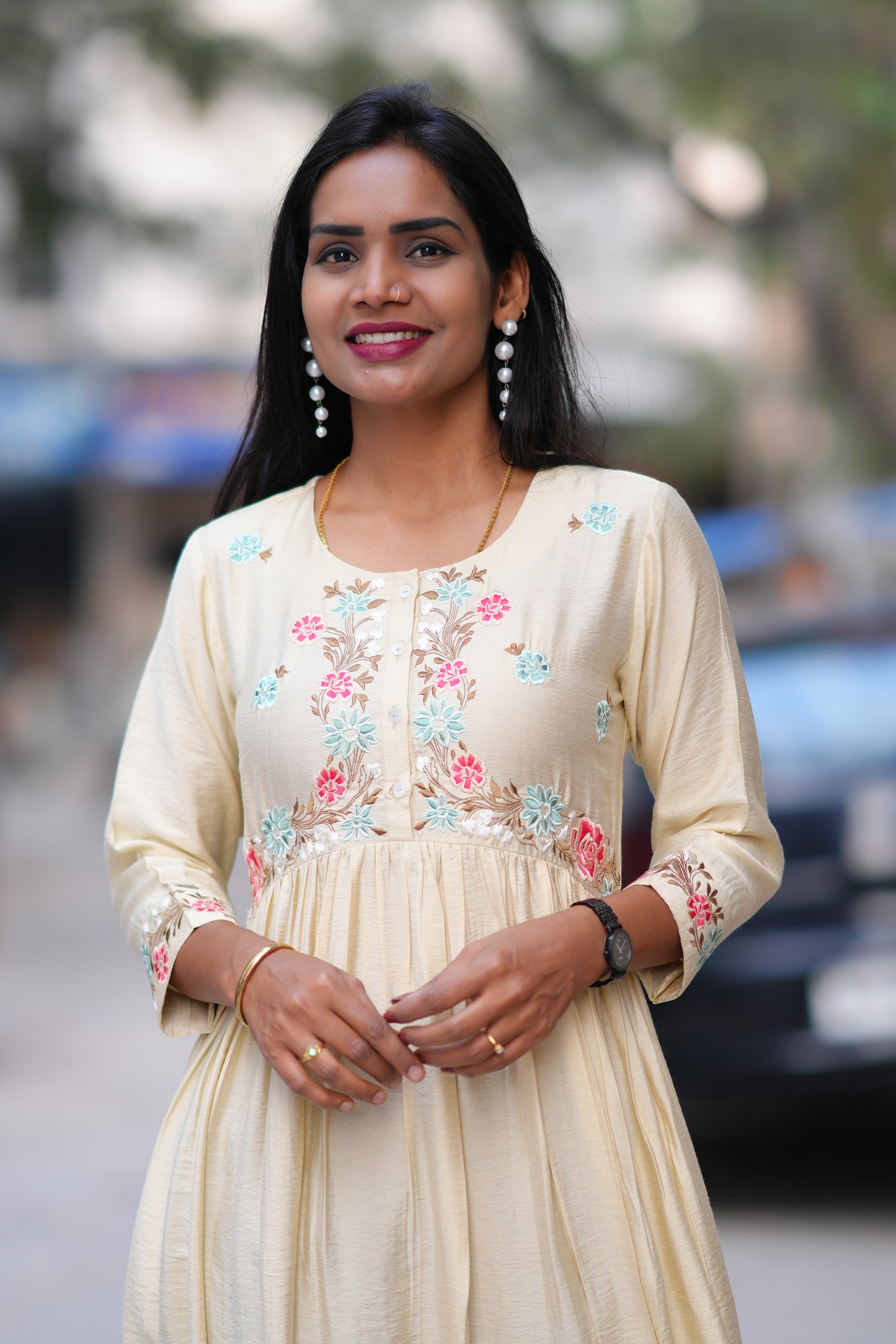 Biege Color Viscose Fabric Designer Wear Frock