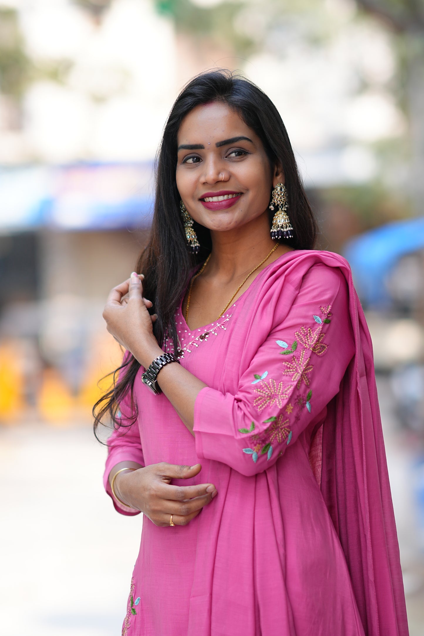 Deep Rose Pink Color Mul Chanderi 3 Festive Wear 3 Piece Set With Full Lining
