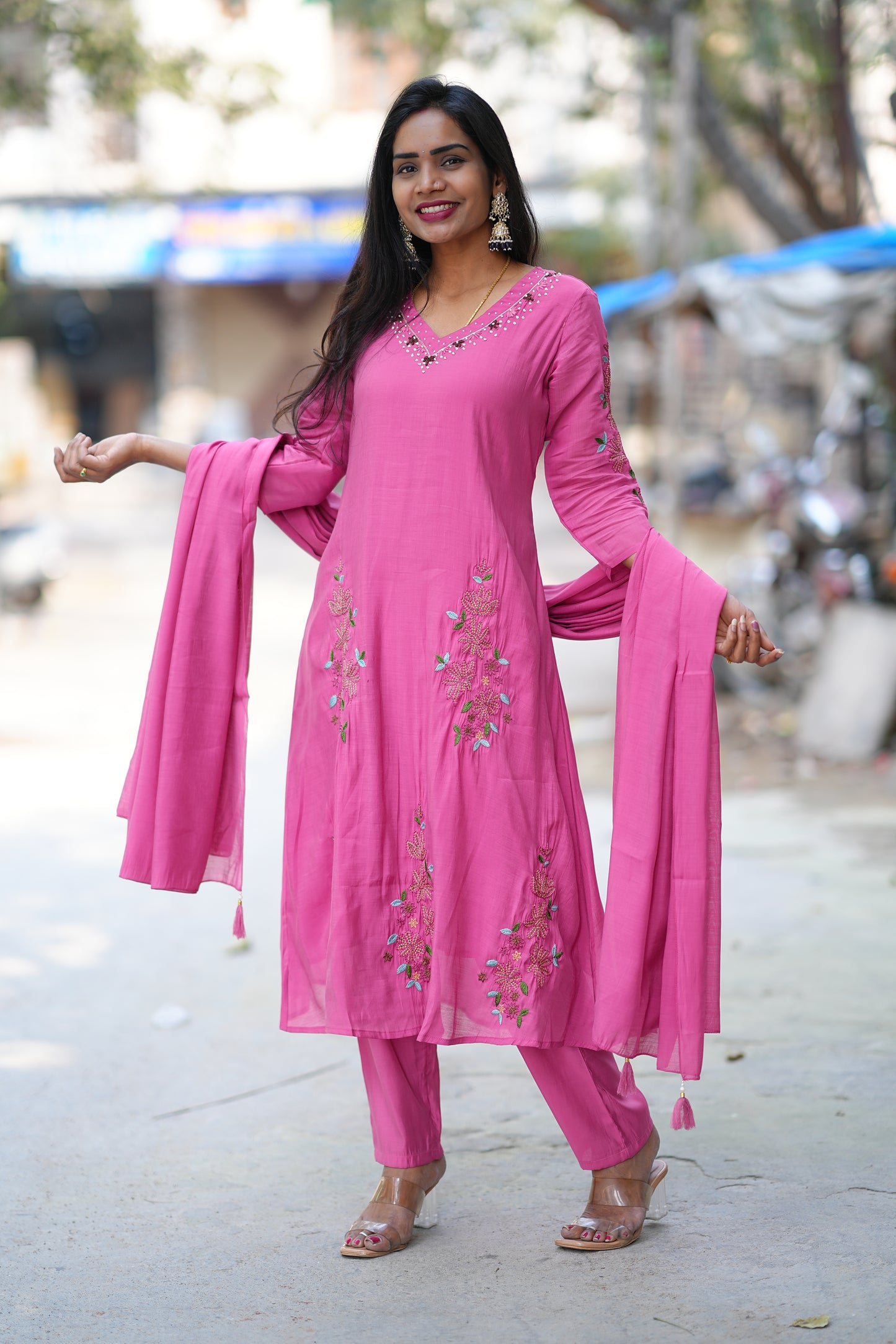 Deep Rose Pink Color Mul Chanderi 3 Festive Wear 3 Piece Set With Full Lining