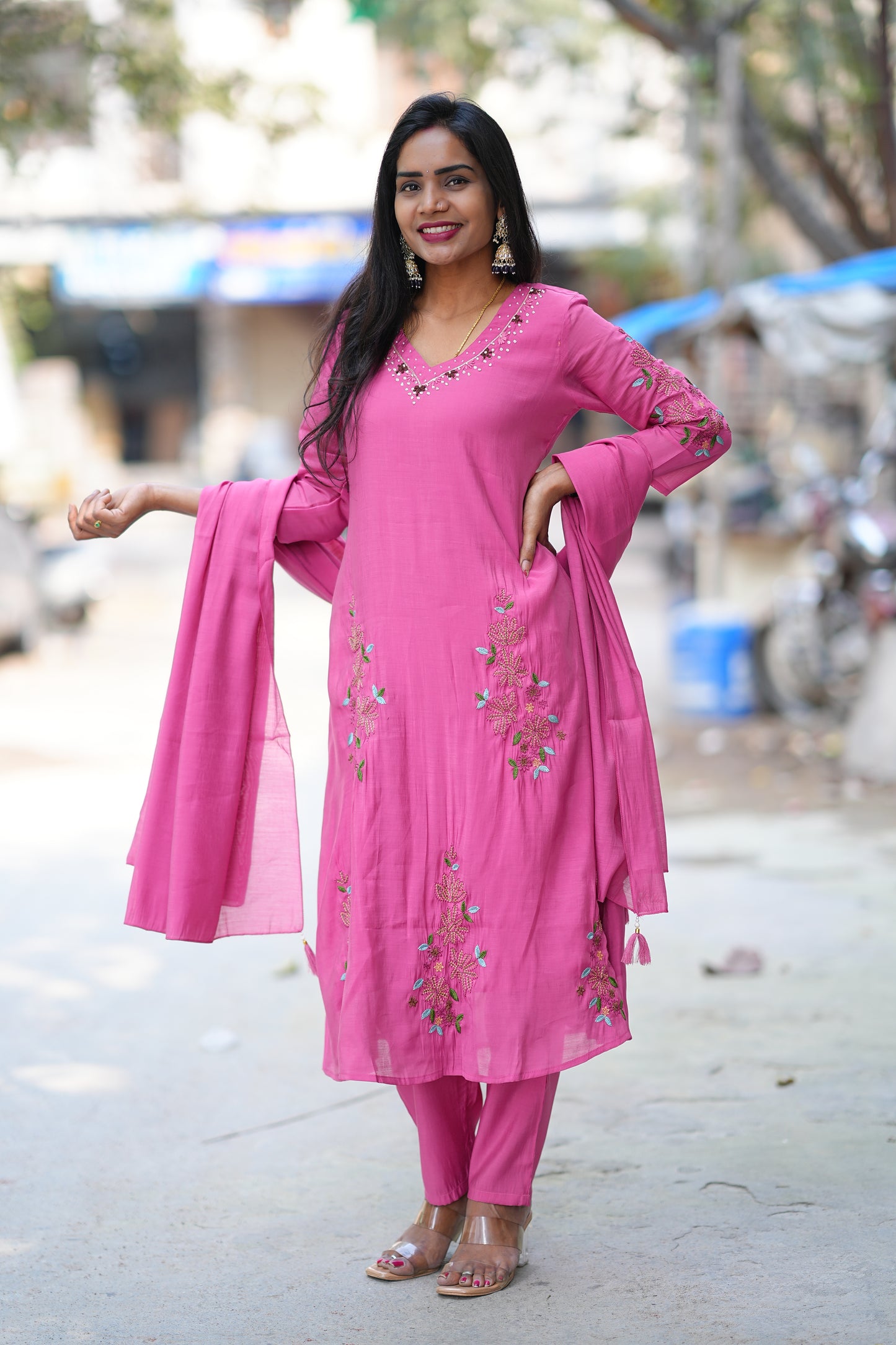 Deep Rose Pink Color Mul Chanderi 3 Festive Wear 3 Piece Set With Full Lining