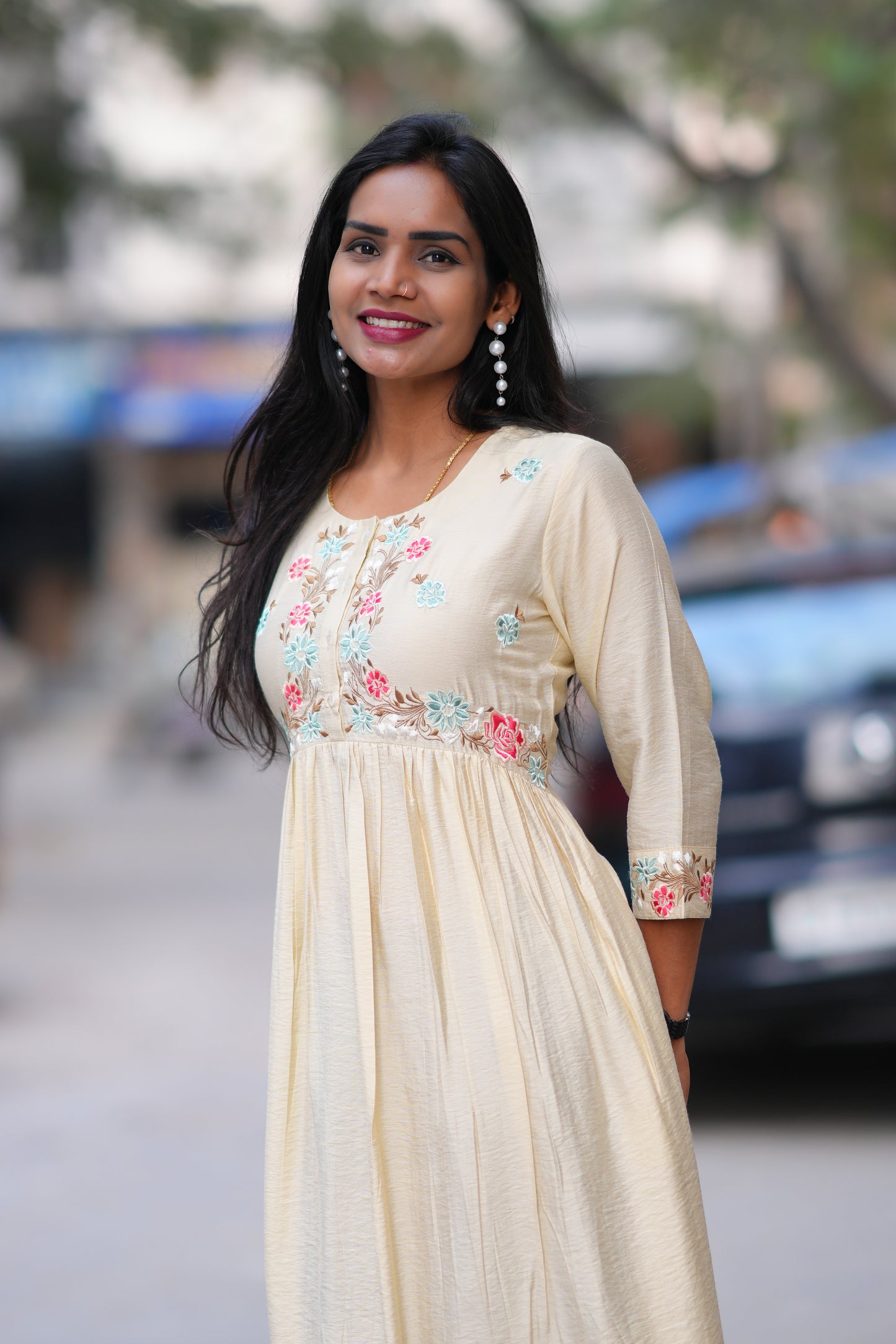 Biege Color Viscose Fabric Designer Wear Frock