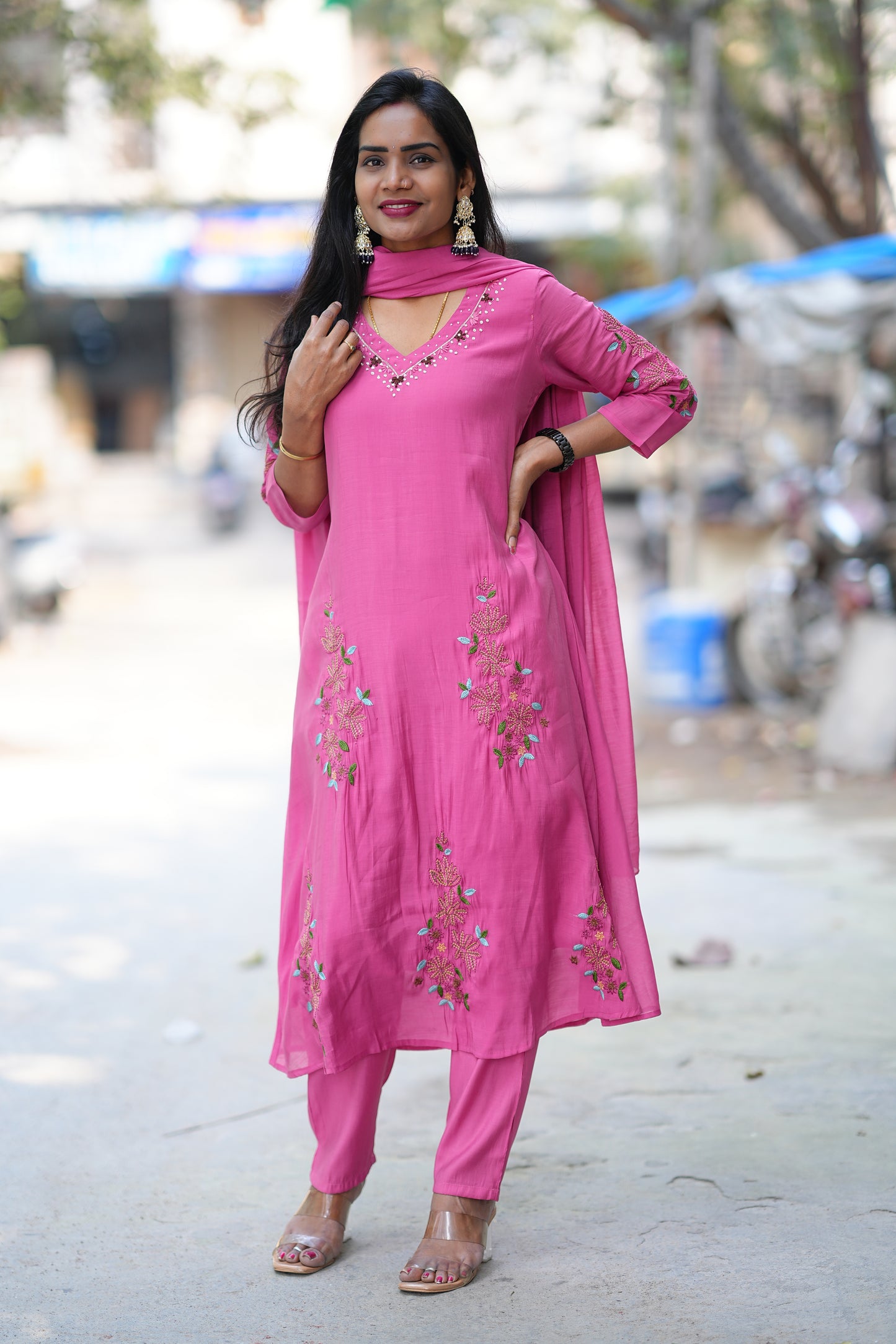 Deep Rose Pink Color Mul Chanderi 3 Festive Wear 3 Piece Set With Full Lining