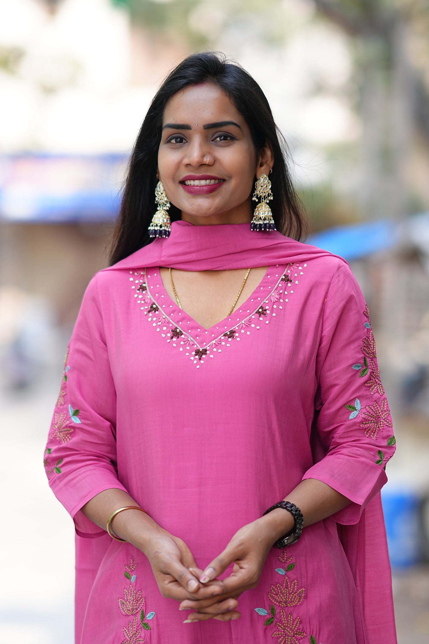 Deep Rose Pink Color Mul Chanderi 3 Festive Wear 3 Piece Set With Full Lining