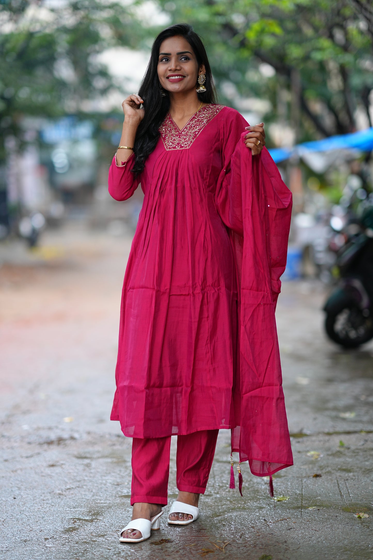 Maroon Color Mul Chandheri A Line 3 Piece Set