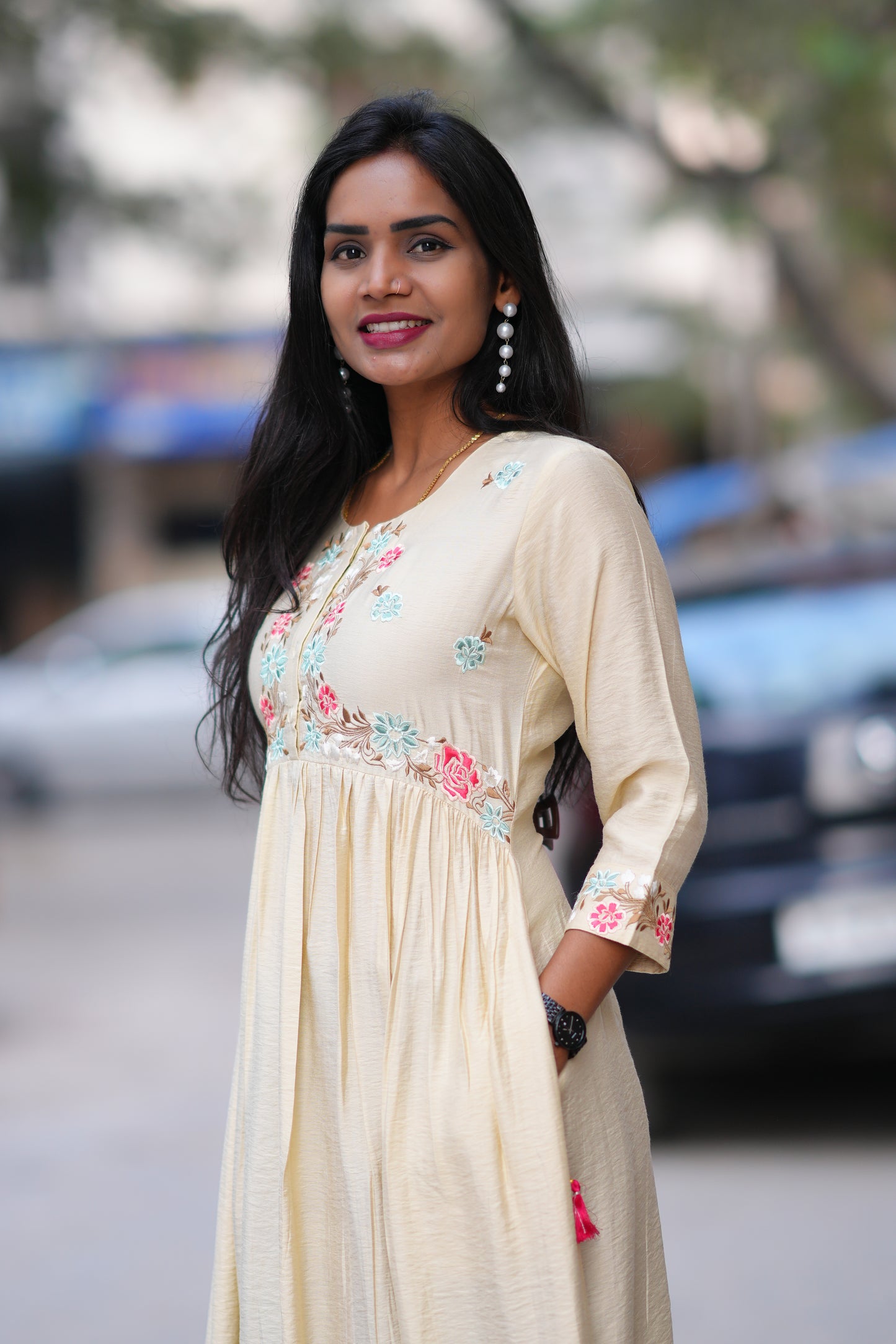 Biege Color Viscose Fabric Designer Wear Frock