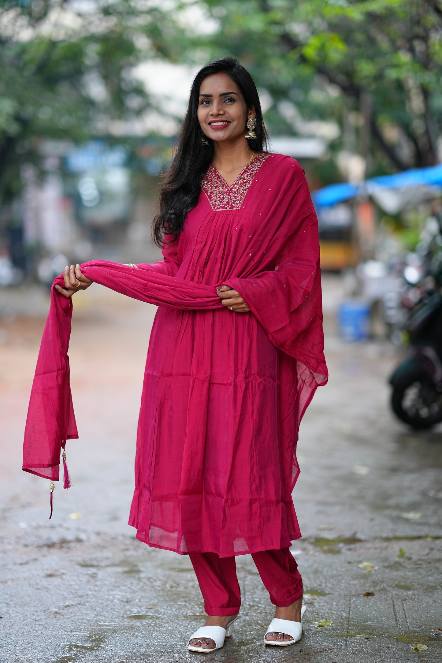 Maroon Color Mul Chandheri A Line 3 Piece Set