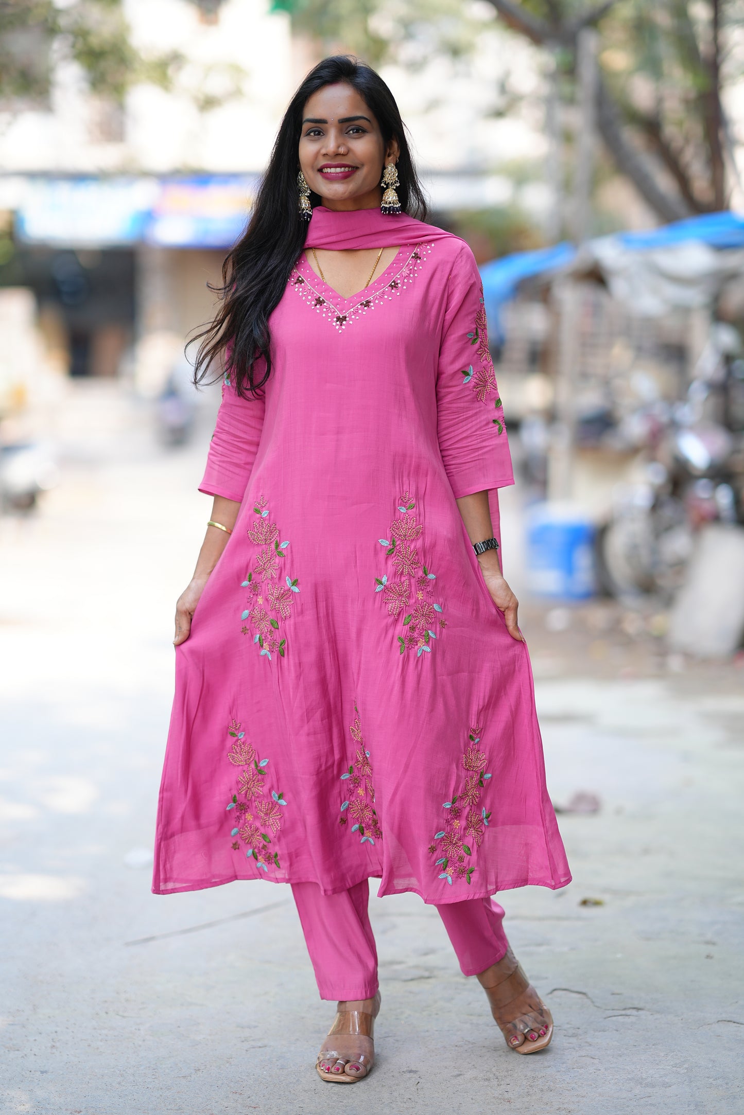 Deep Rose Pink Color Mul Chanderi 3 Festive Wear 3 Piece Set With Full Lining
