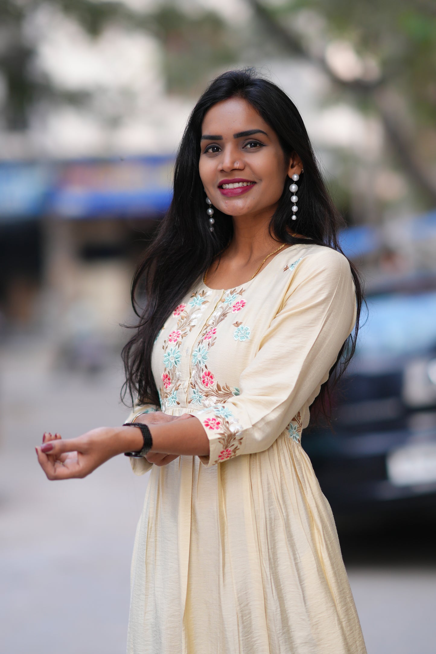 Biege Color Viscose Fabric Designer Wear Frock