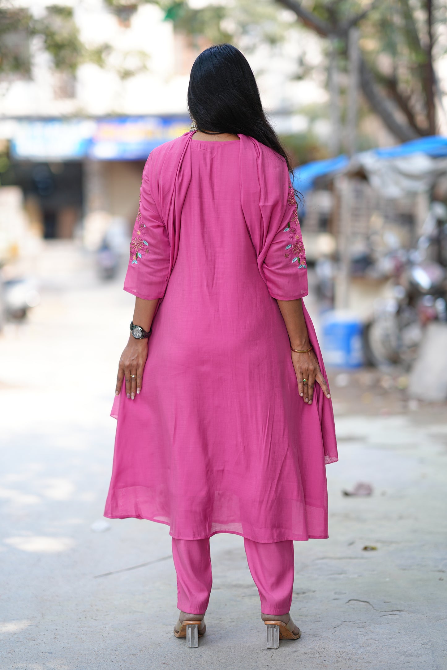 Deep Rose Pink Color Mul Chanderi 3 Festive Wear 3 Piece Set With Full Lining