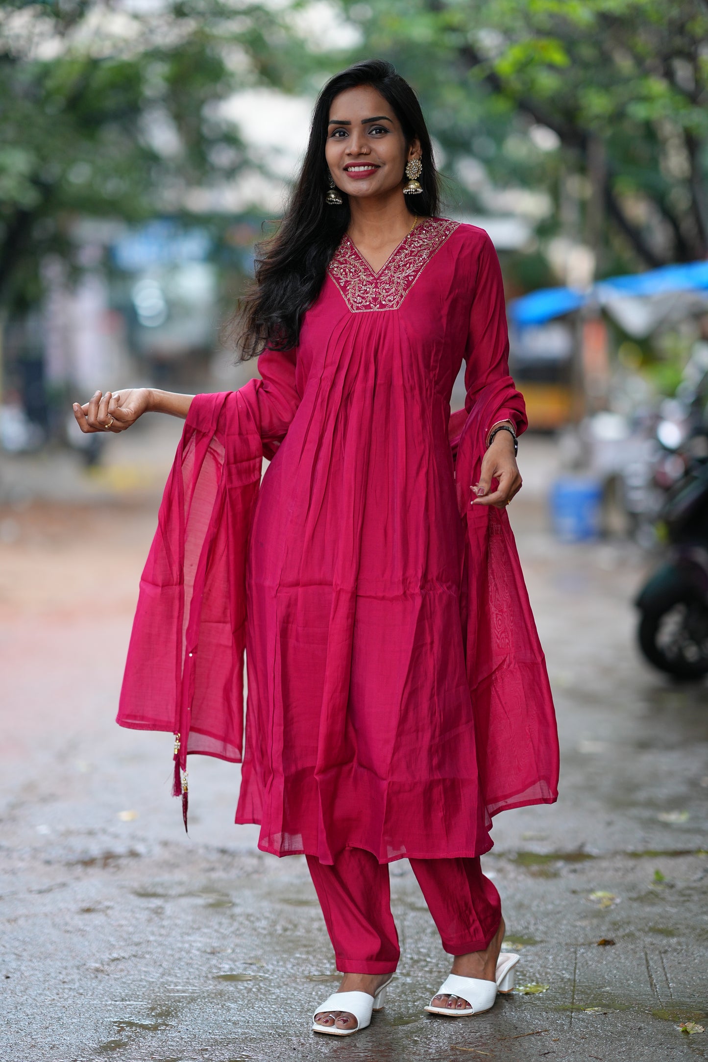 Maroon Color Mul Chandheri A Line 3 Piece Set