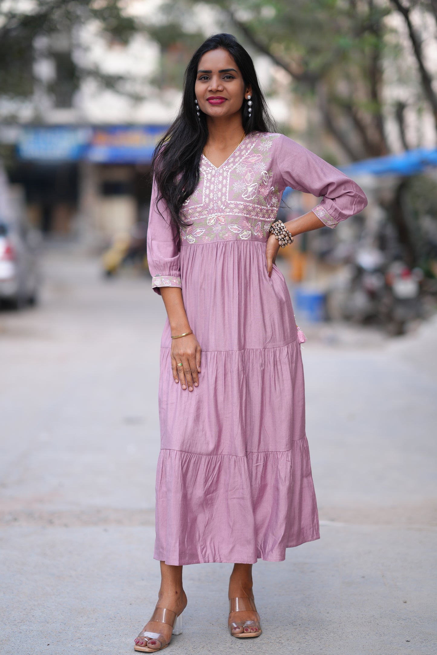 Pink Colour Long Frock With Embroidery Work