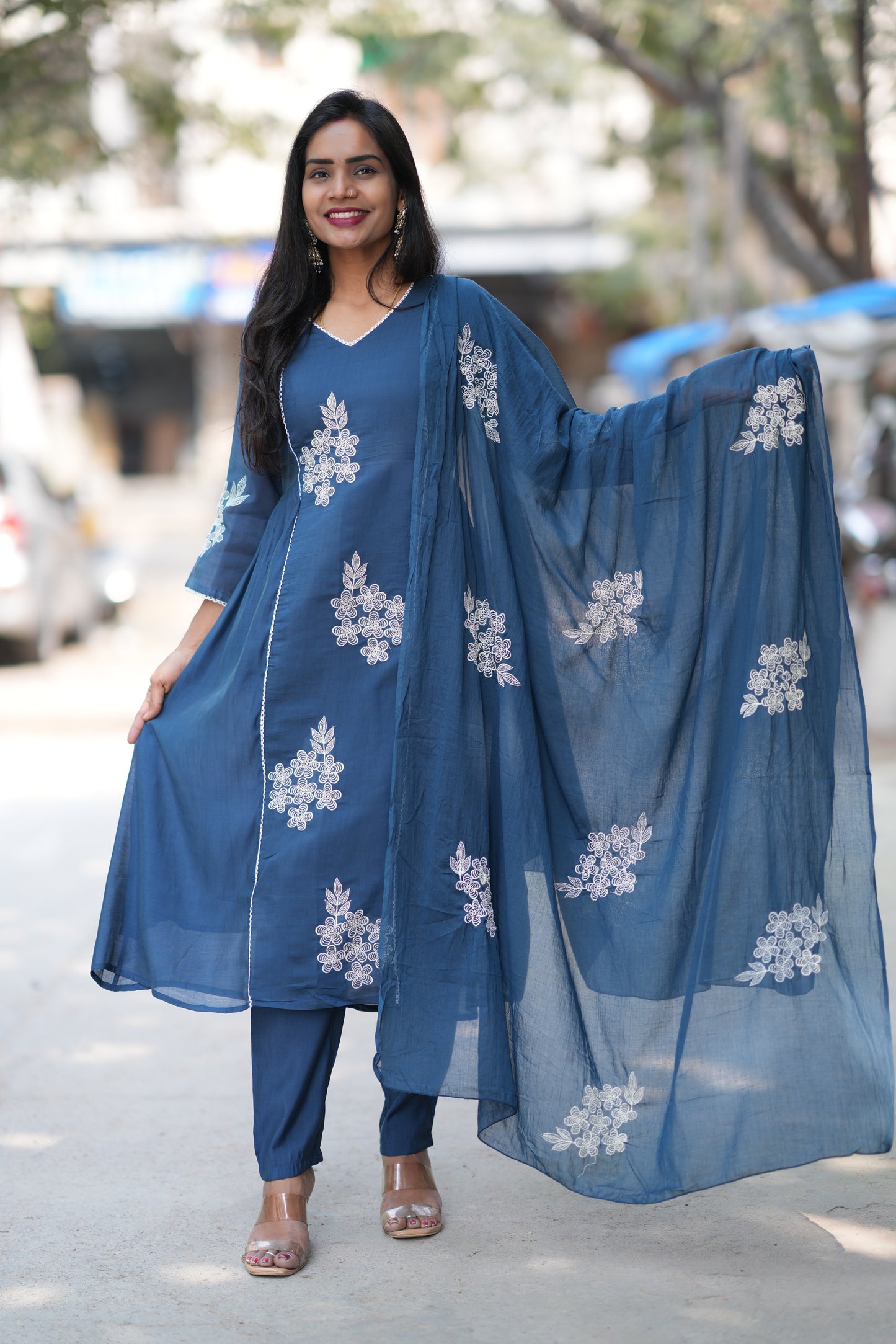 Petrol Blue Color Mul Chanderi Designer 3 Piece Set