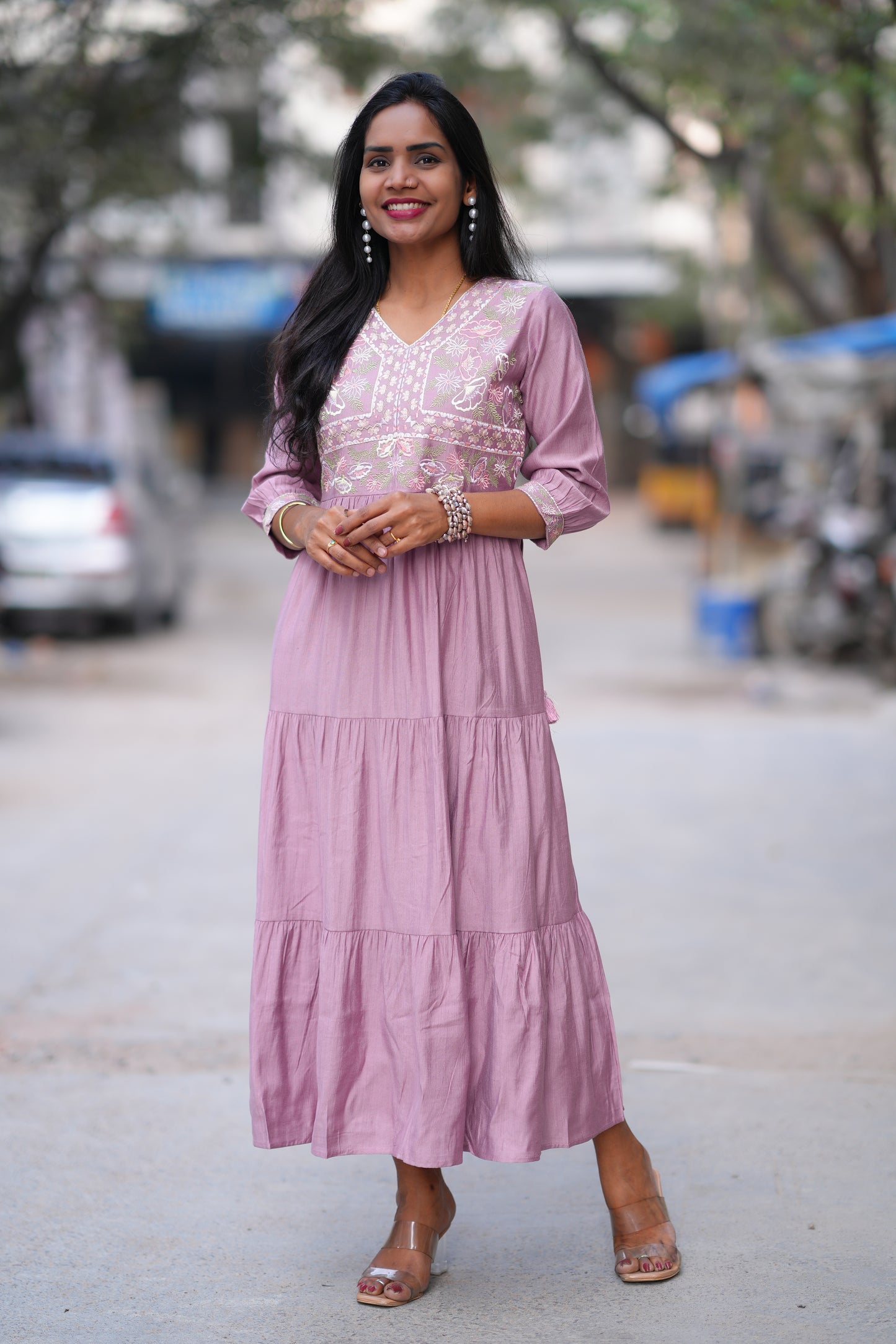 Pink Colour Long Frock With Embroidery Work