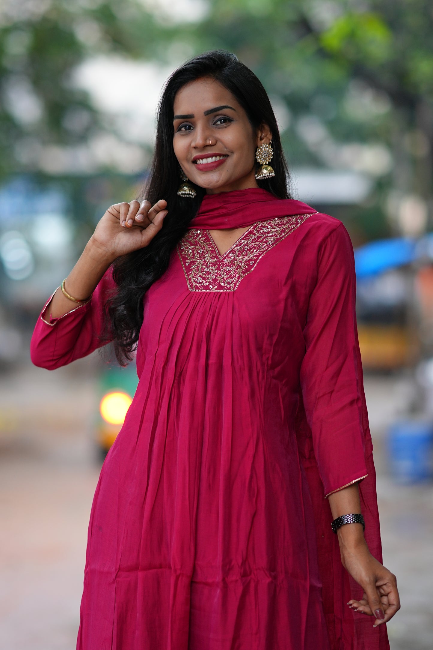 Maroon Color Mul Chandheri A Line 3 Piece Set