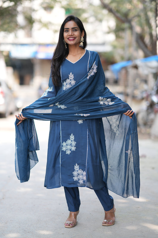 Petrol Blue Color Mul Chanderi Designer 3 Piece Set