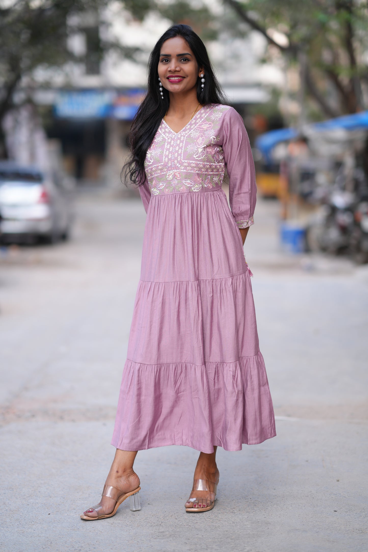 Pink Colour Long Frock With Embroidery Work