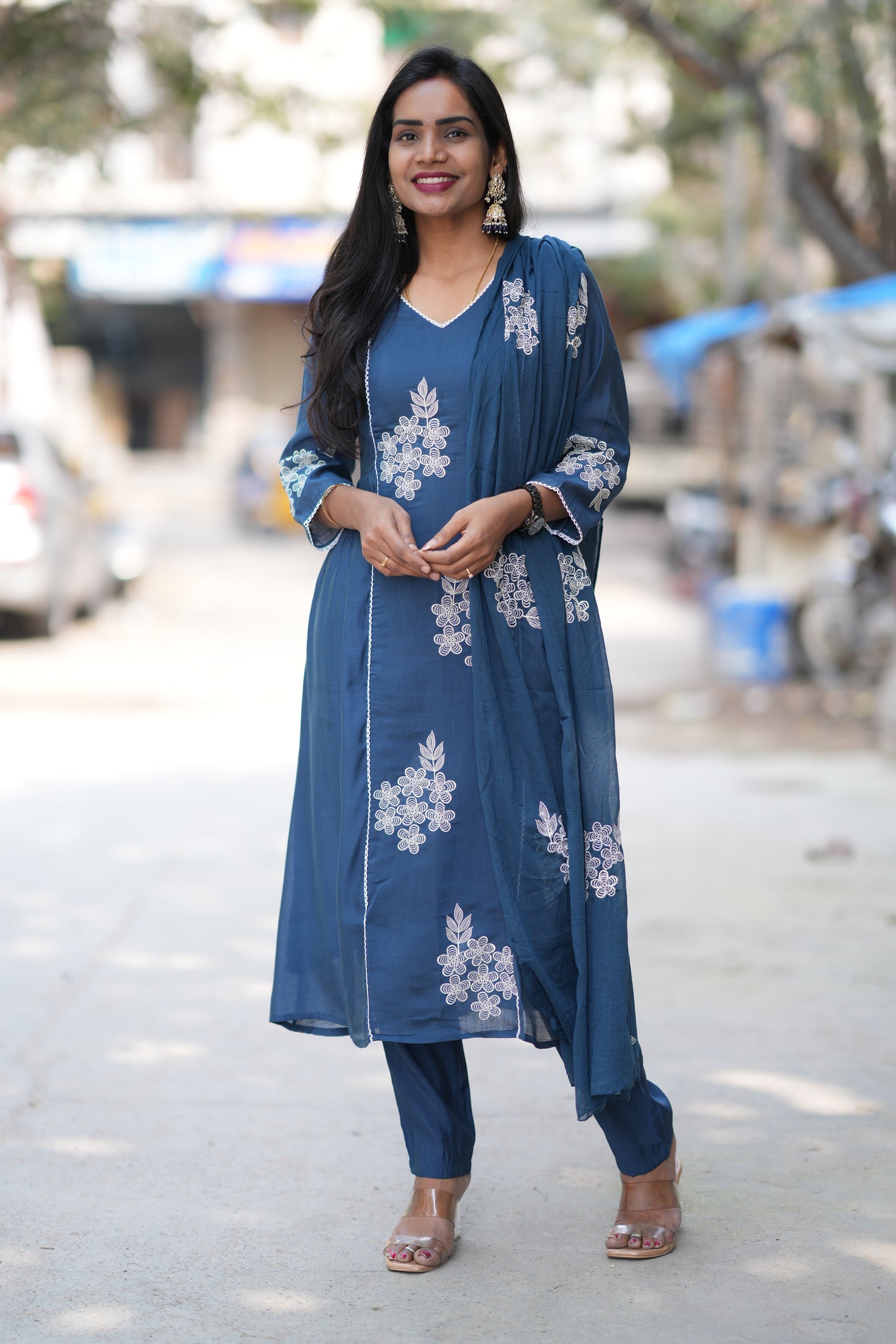 Petrol Blue Color Mul Chanderi Designer 3 Piece Set