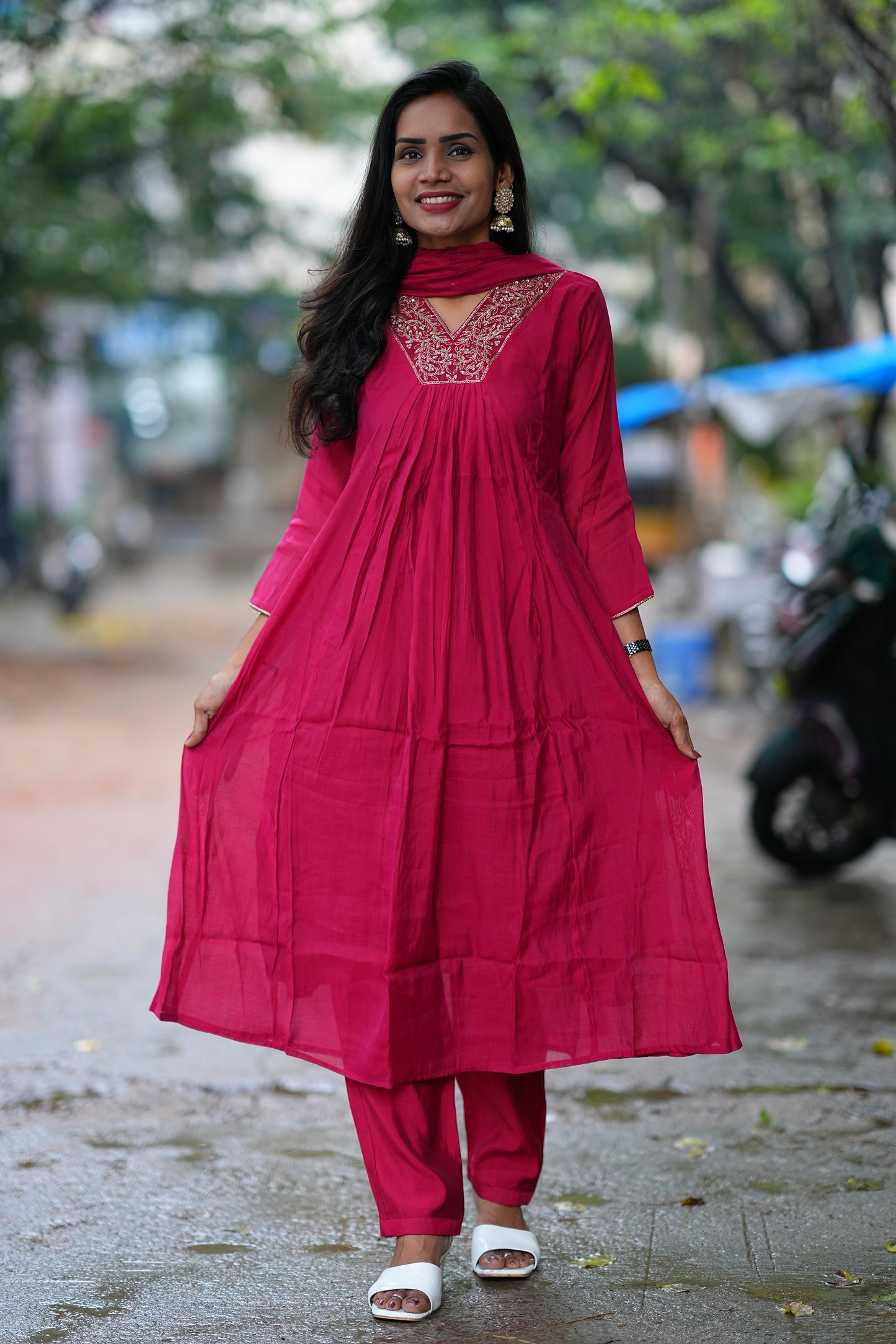 Maroon Color Mul Chandheri A Line 3 Piece Set