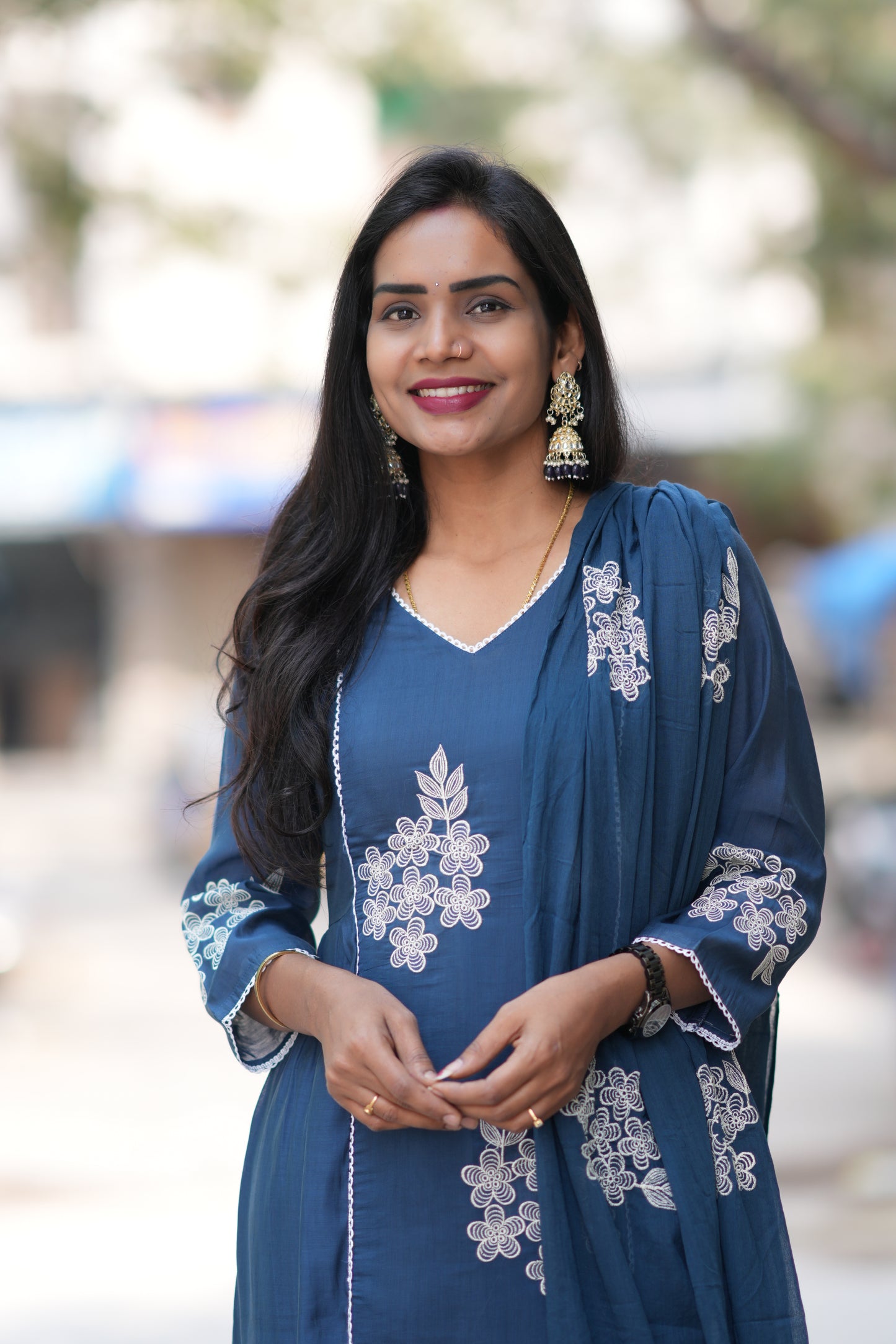 Petrol Blue Color Mul Chanderi Designer 3 Piece Set