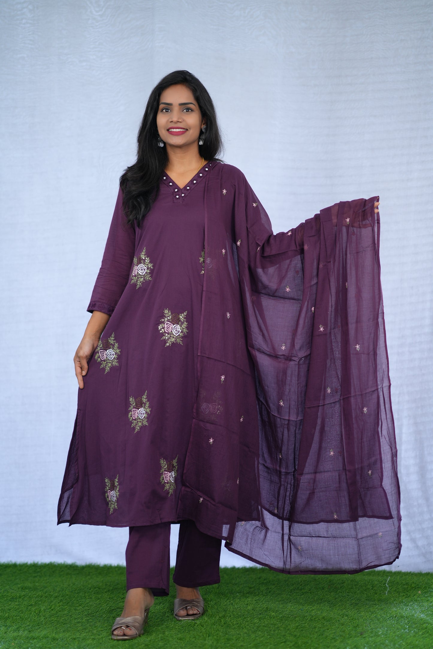 Purple Color Mul Cotton 3 Piece set With Embroidery work and Complete Lining