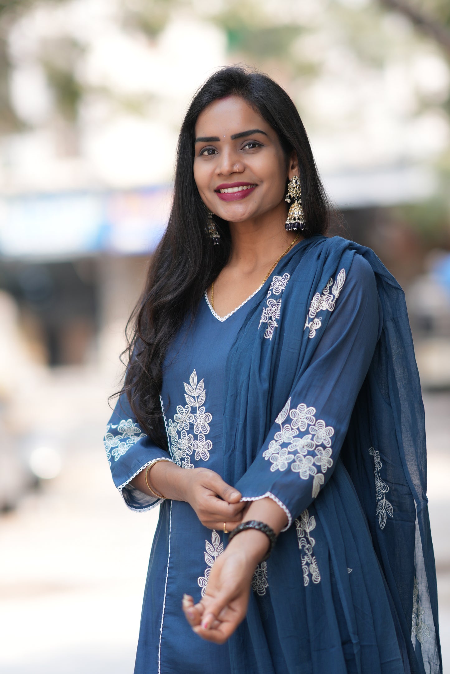 Petrol Blue Color Mul Chanderi Designer 3 Piece Set