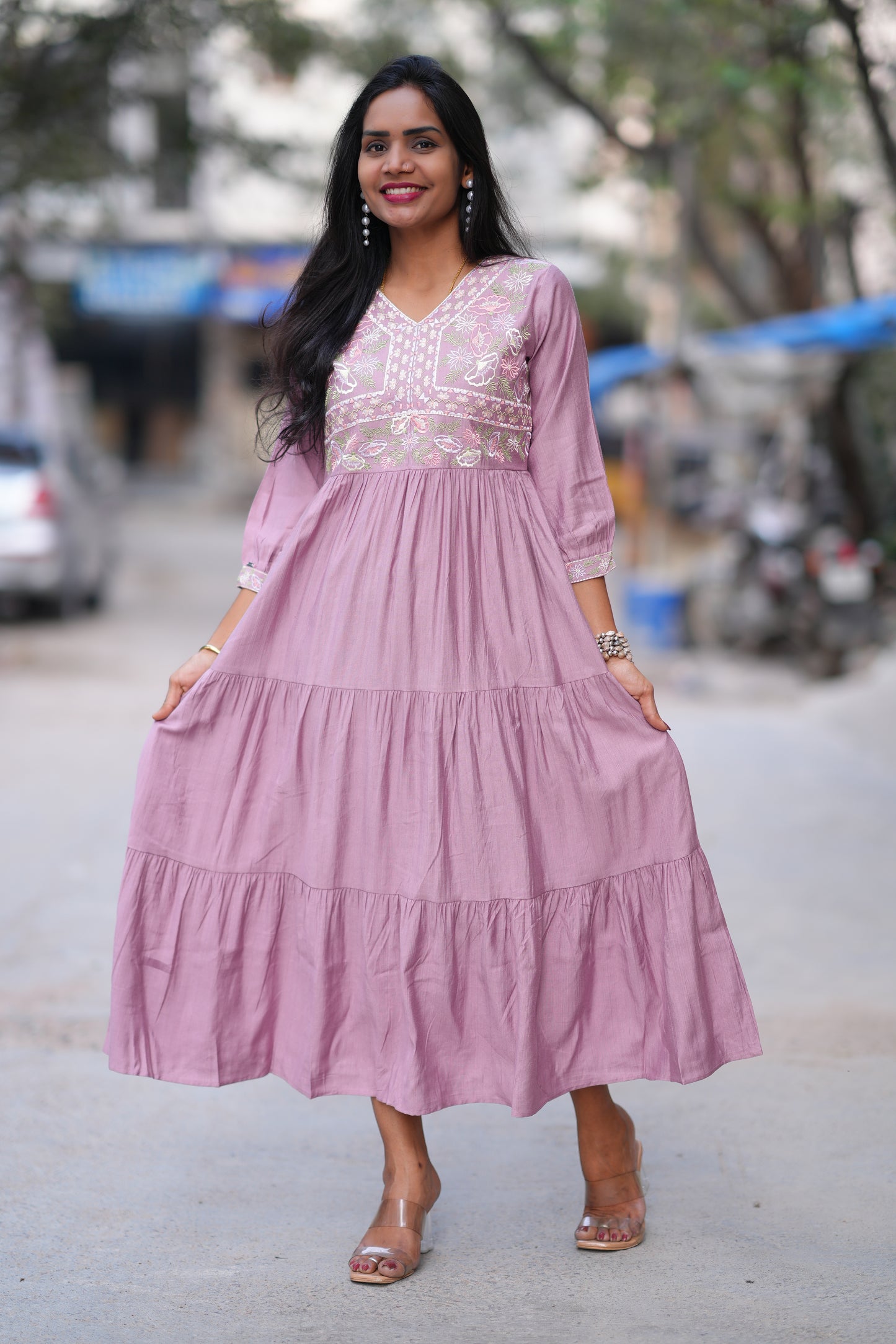 Pink Colour Long Frock With Embroidery Work