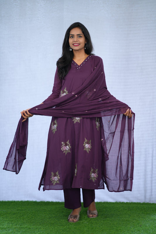 Purple Color Mul Cotton 3 Piece set With Embroidery work and Complete Lining