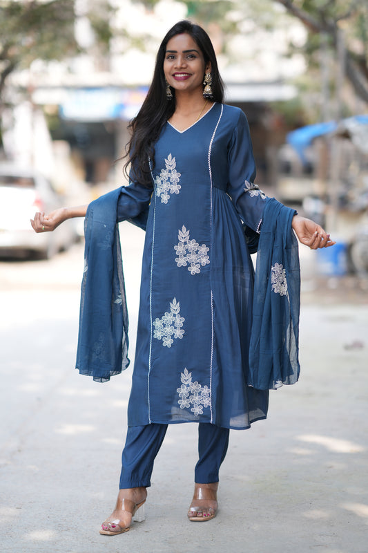 Petrol Blue Color Mul Chanderi Designer 3 Piece Set
