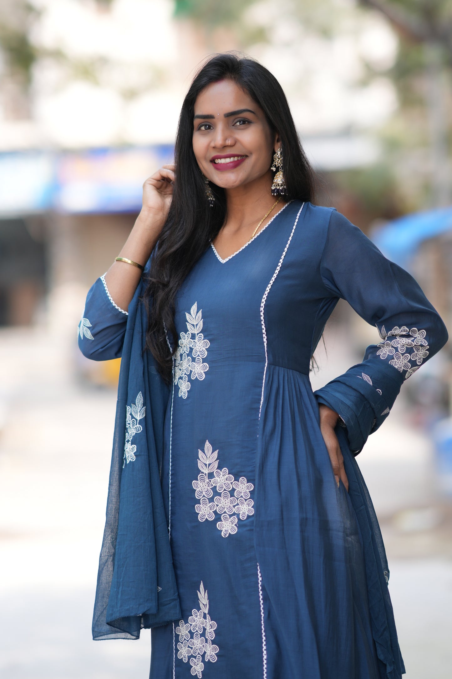 Petrol Blue Color Mul Chanderi Designer 3 Piece Set