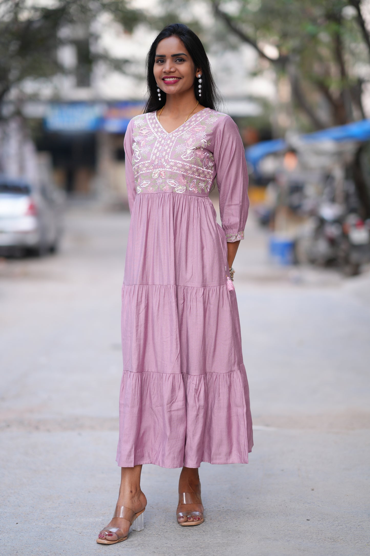 Pink Colour Long Frock With Embroidery Work