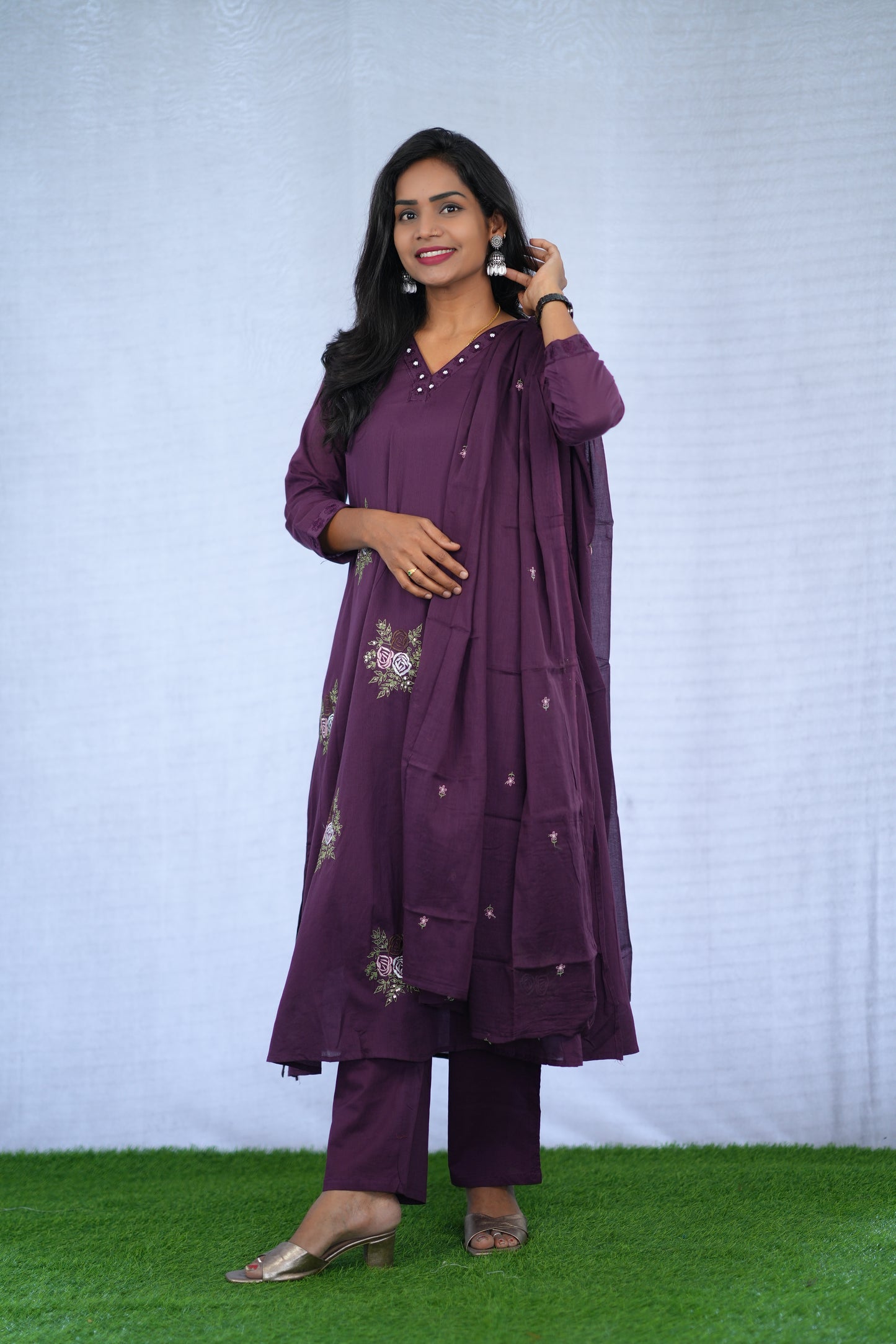 Purple Color Mul Cotton 3 Piece set With Embroidery work and Complete Lining
