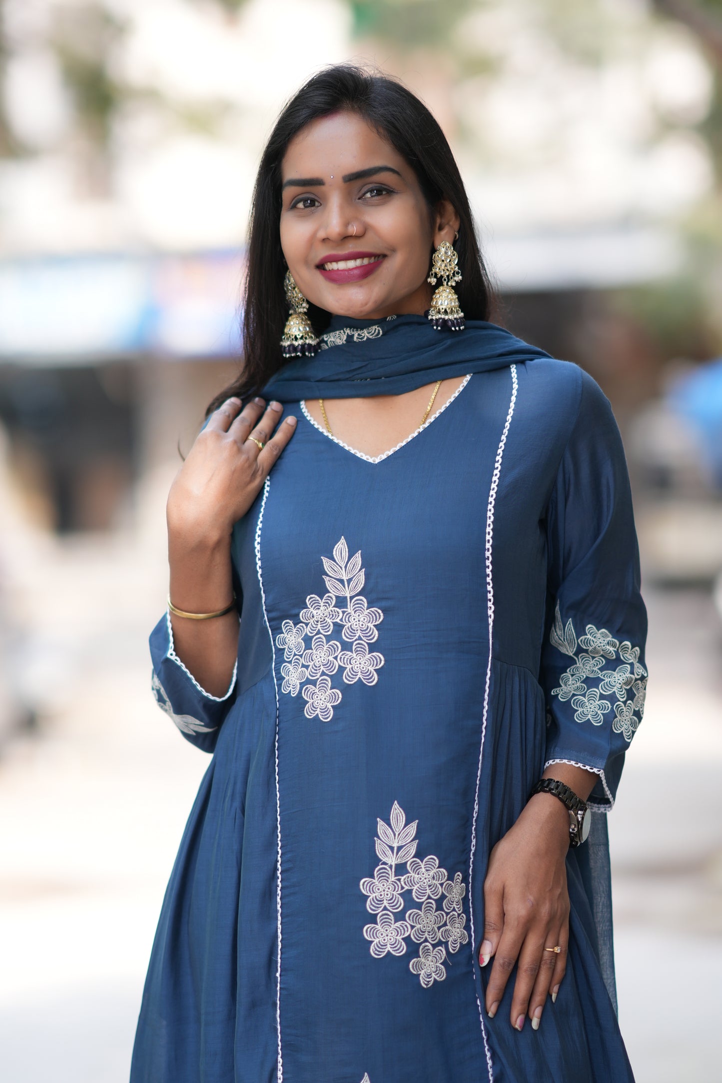 Petrol Blue Color Mul Chanderi Designer 3 Piece Set