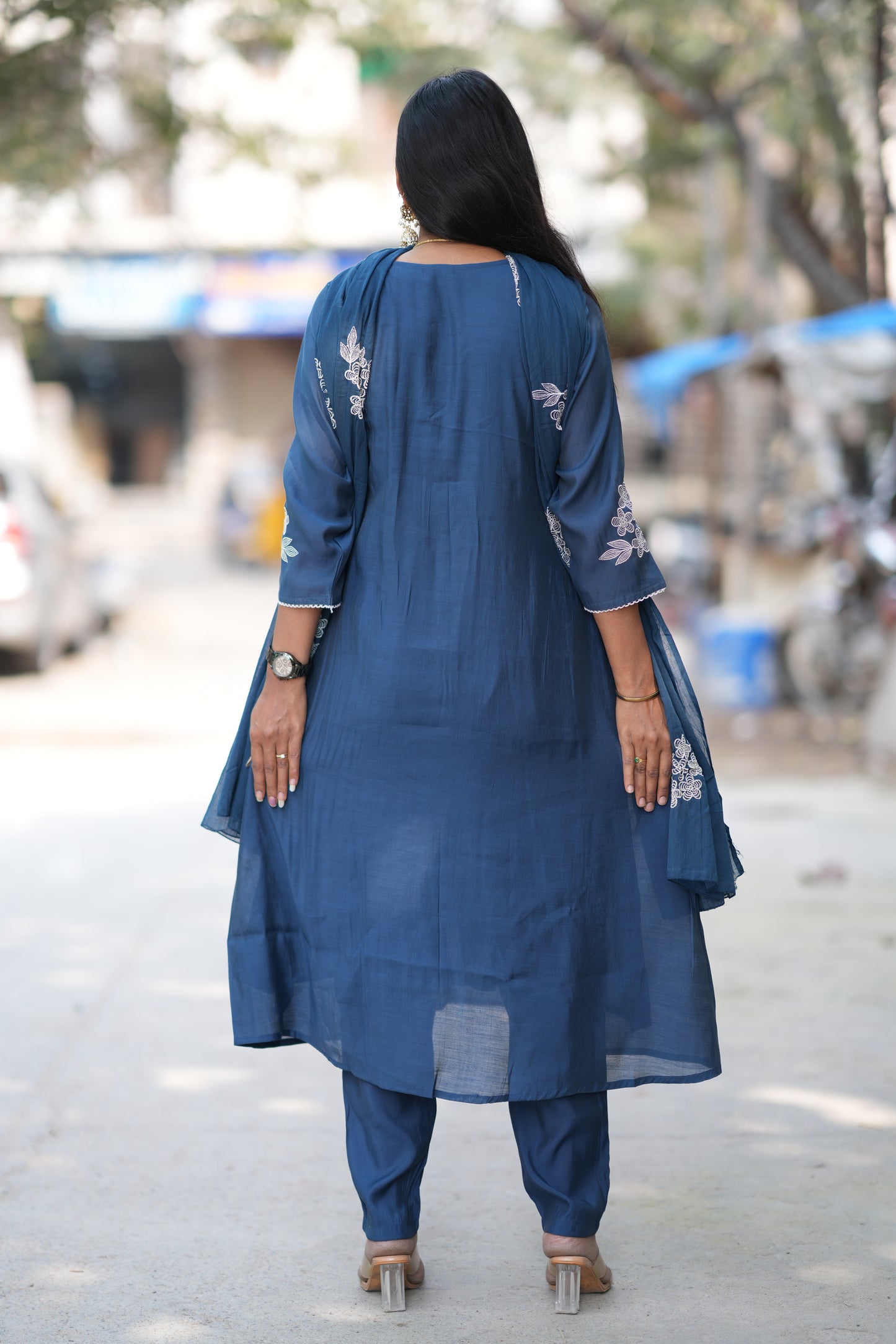 Petrol Blue Color Mul Chanderi Designer 3 Piece Set