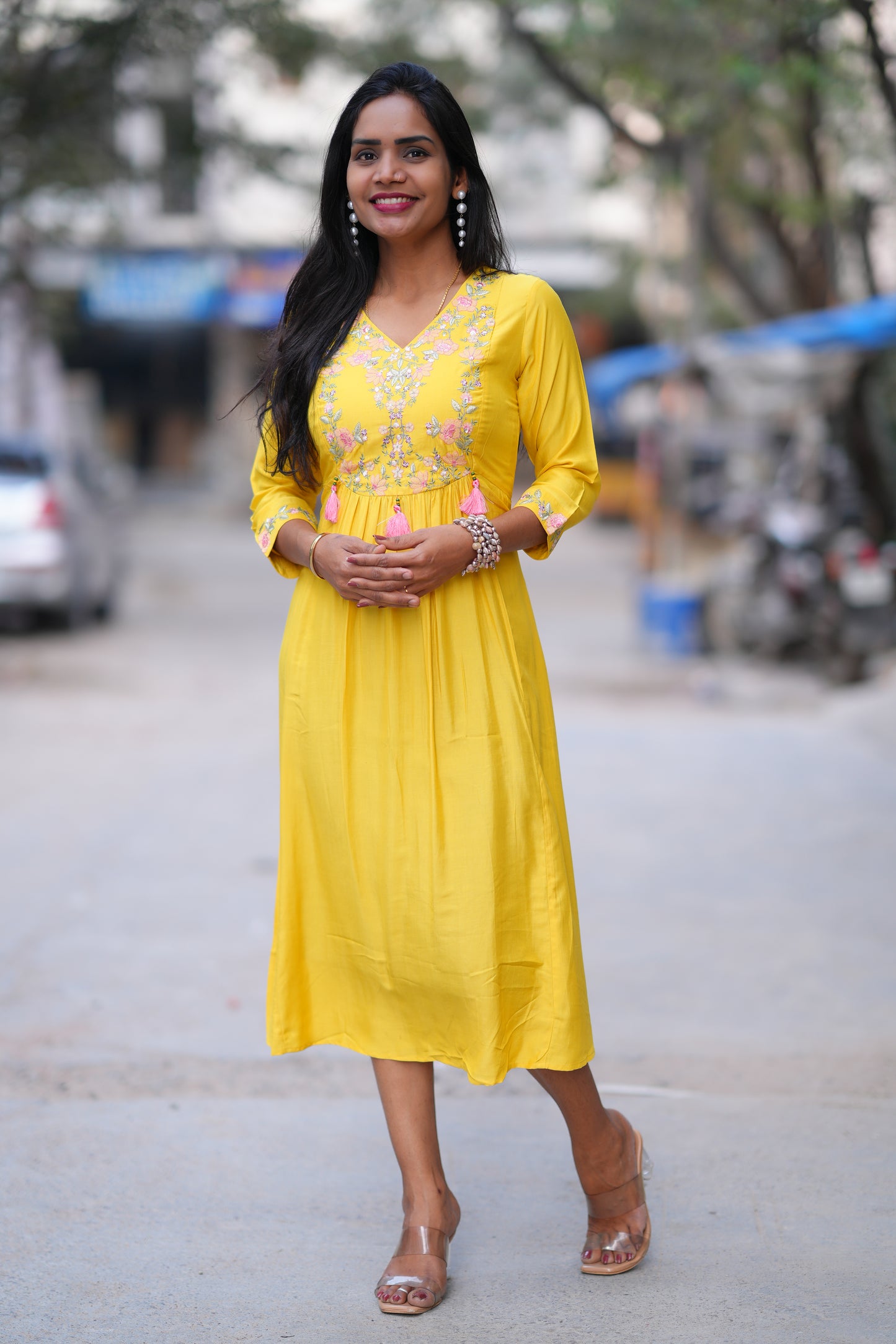 Yellow Color Stylish Frock in Viscose Fabric