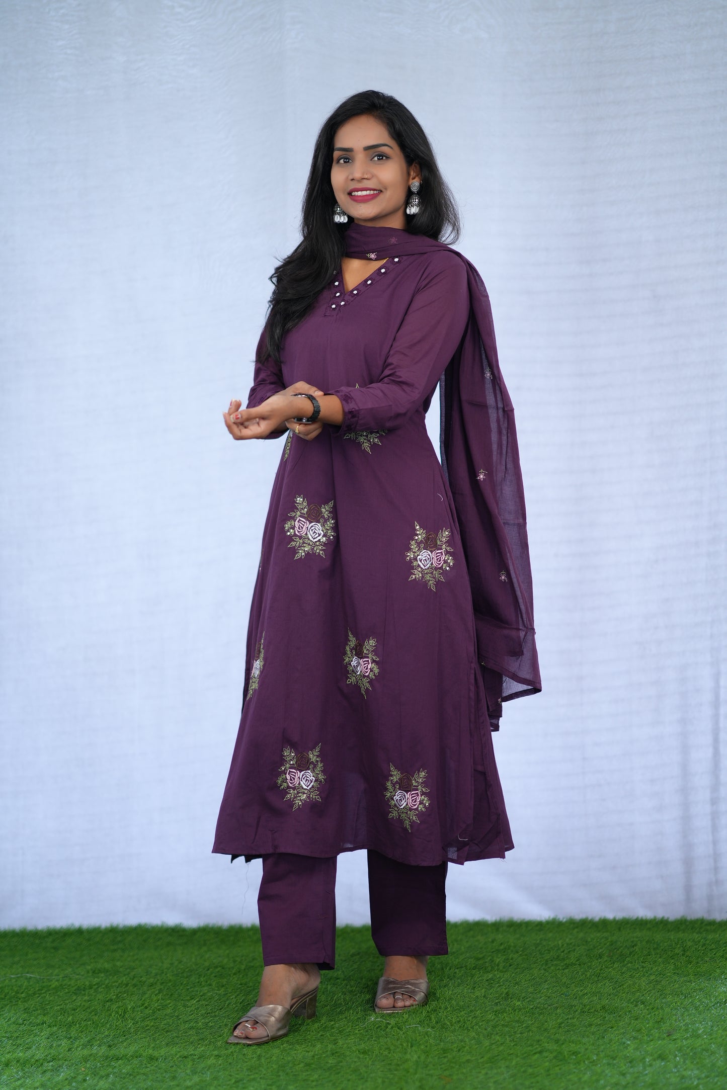 Purple Color Mul Cotton 3 Piece set With Embroidery work and Complete Lining