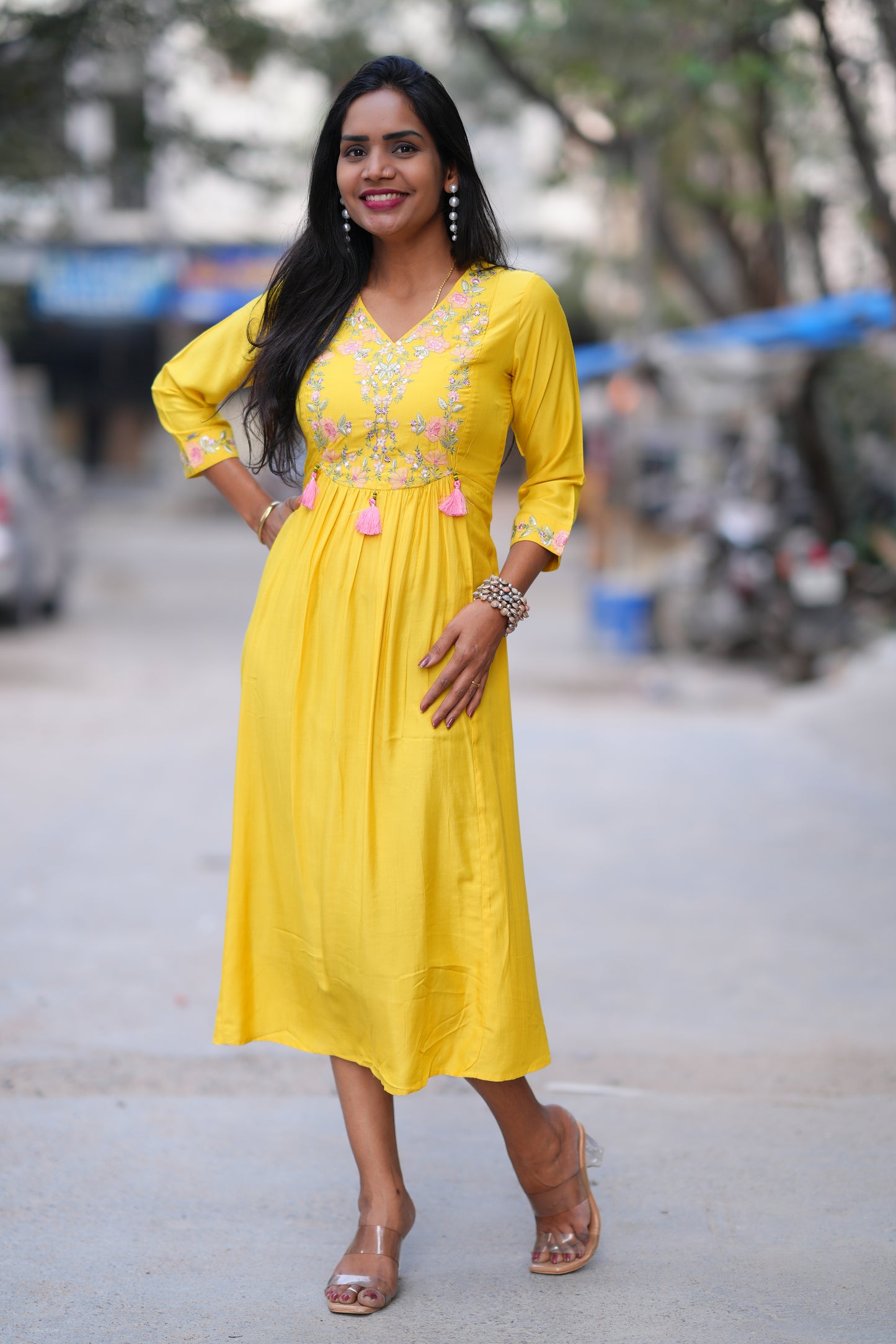 Yellow Color Stylish Frock in Viscose Fabric