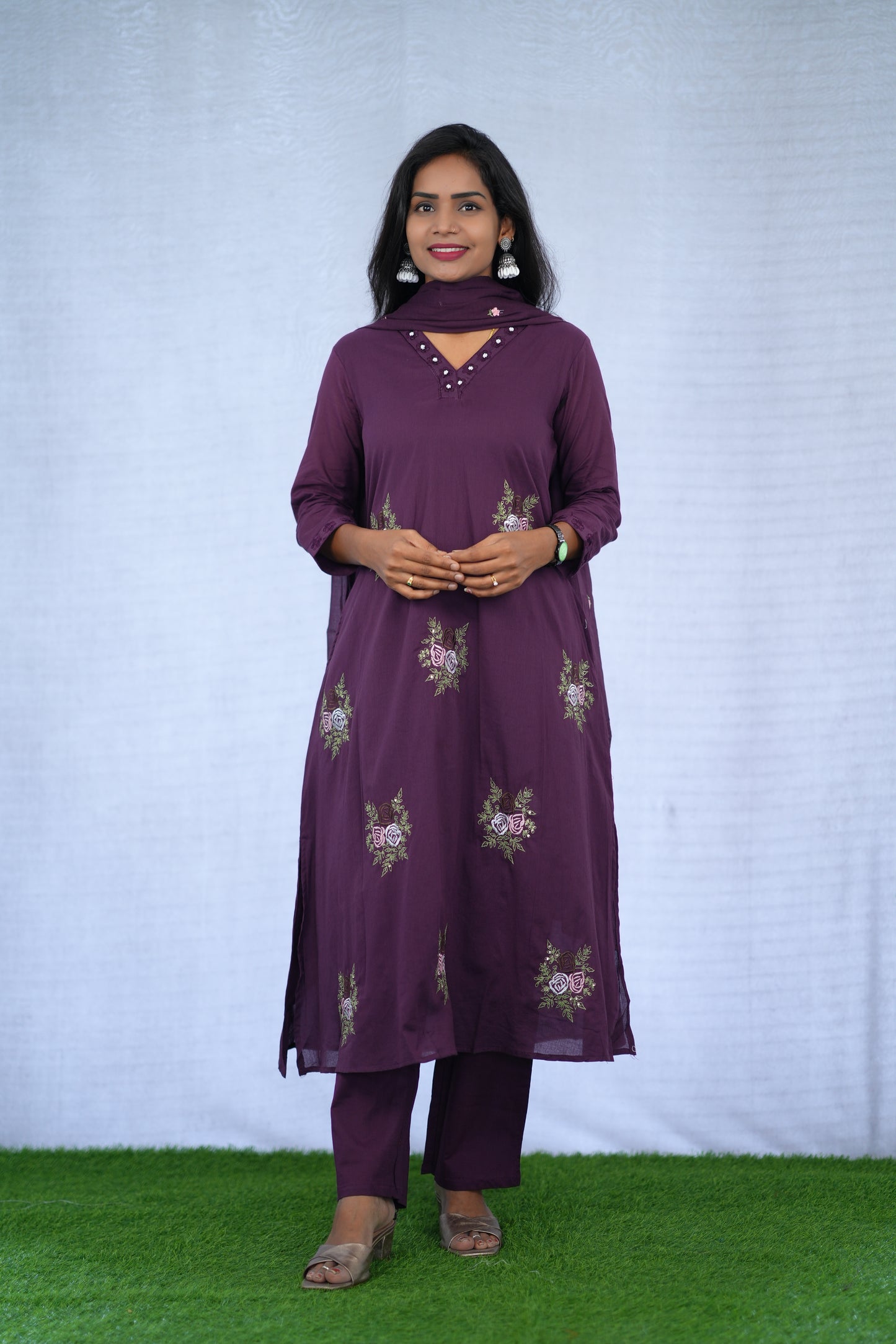 Purple Color Mul Cotton 3 Piece set With Embroidery work and Complete Lining