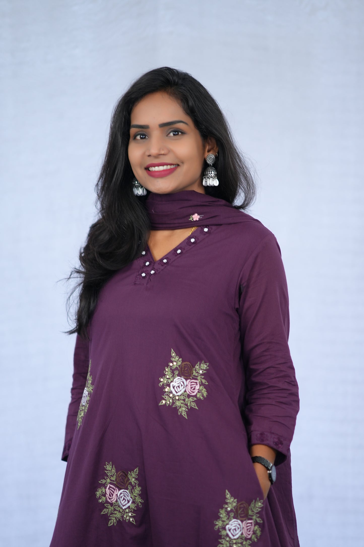 Purple Color Mul Cotton 3 Piece set With Embroidery work and Complete Lining
