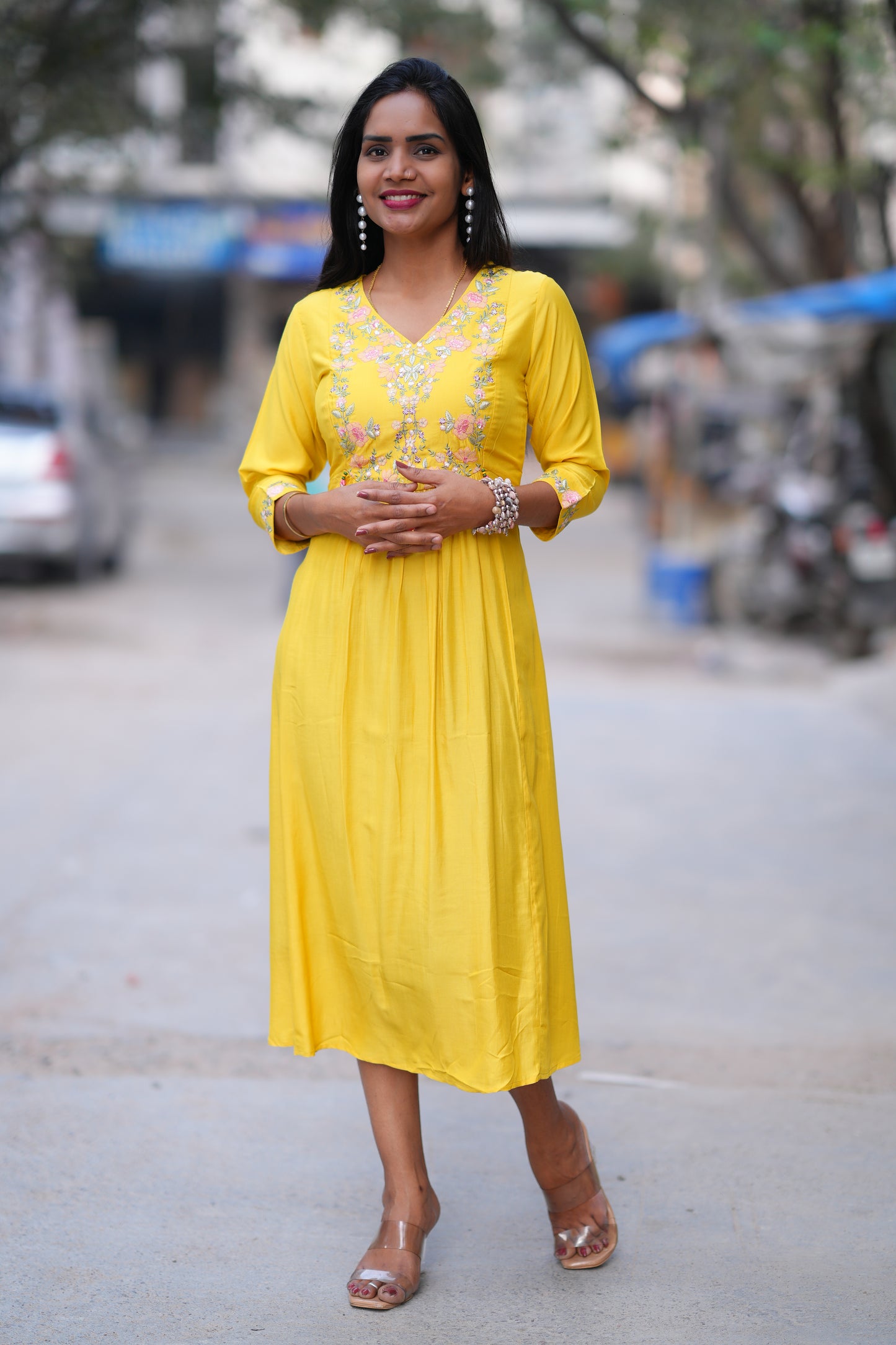Yellow Color Stylish Frock in Viscose Fabric