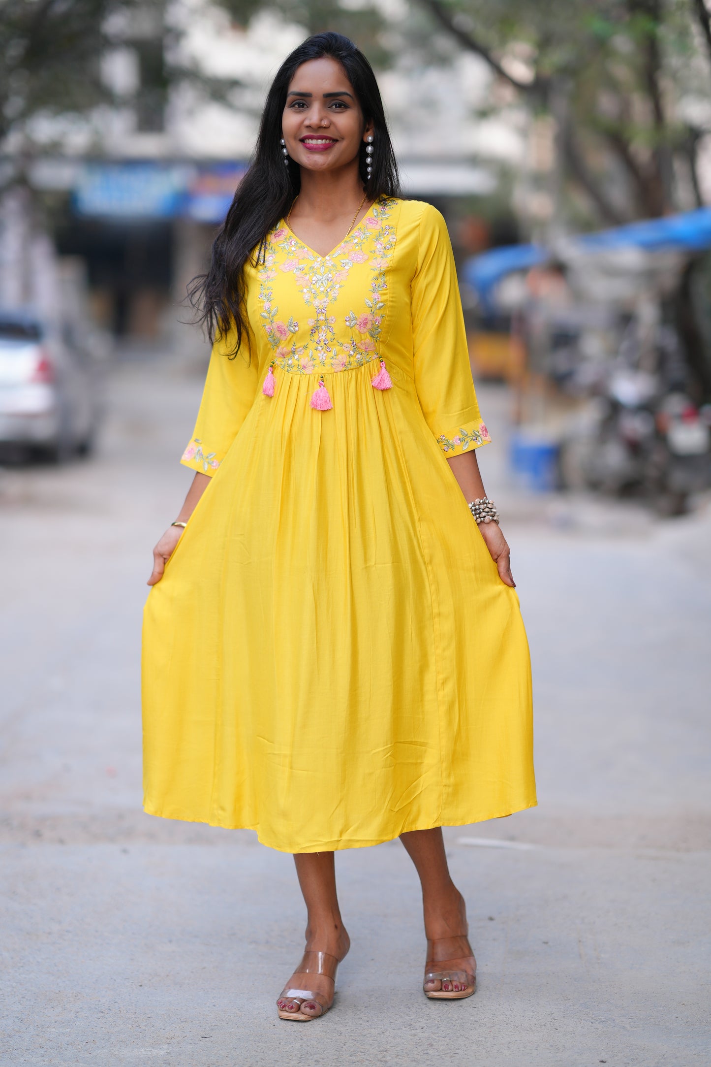 Yellow Color Stylish Frock in Viscose Fabric