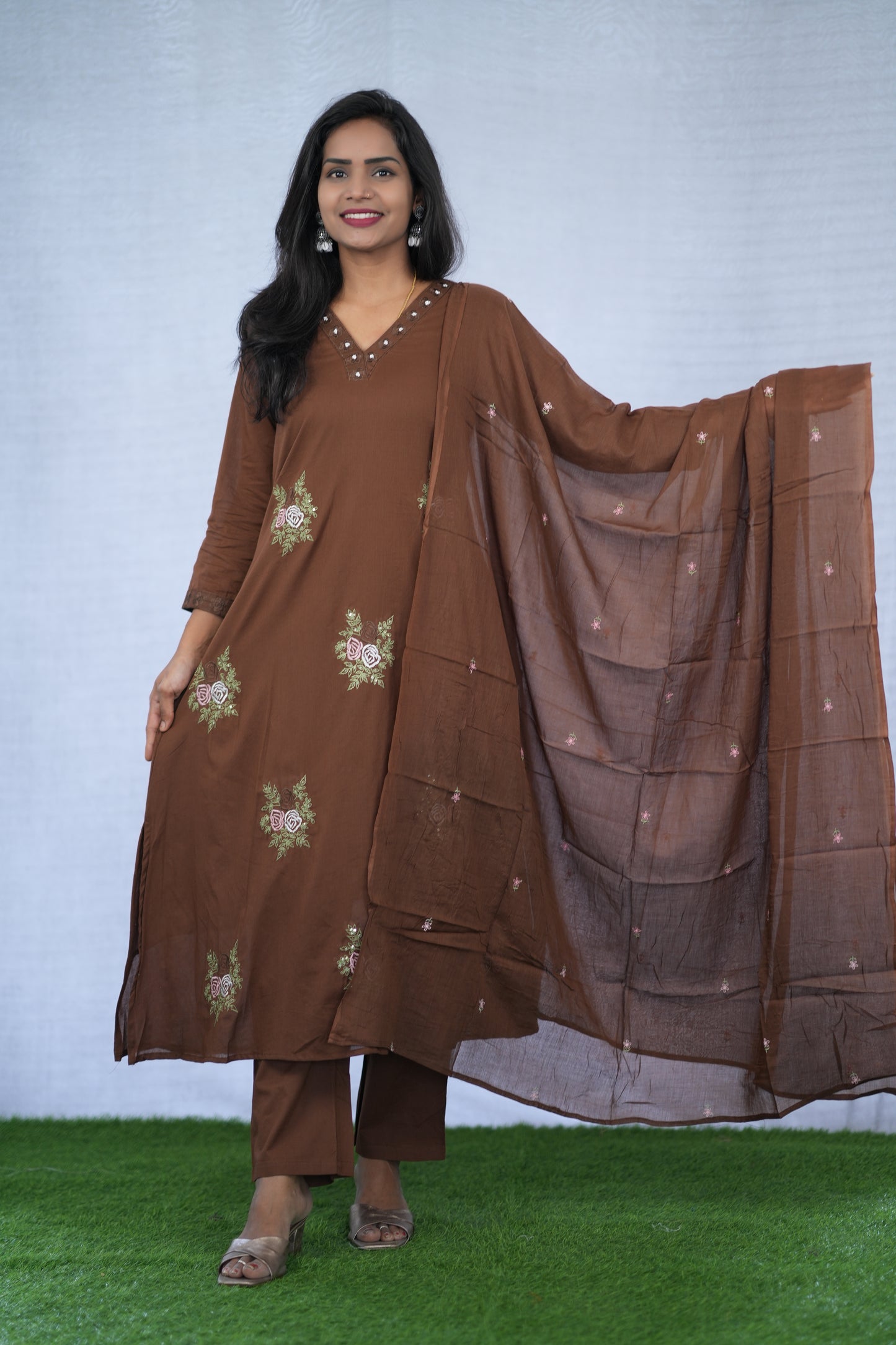 Brown Color Mul Cotton 3 Piece set With Embroidery work and Complete Lining