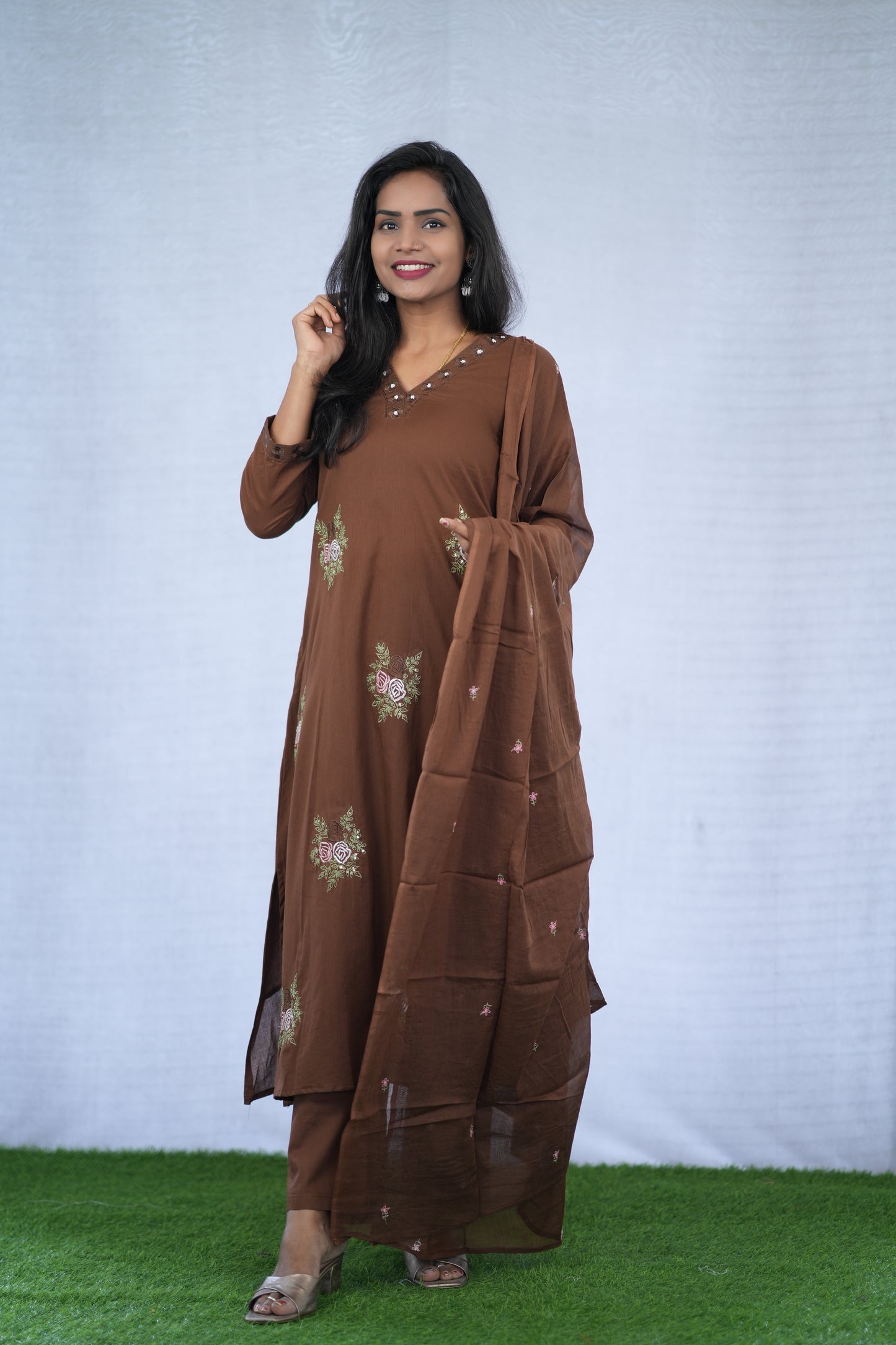 Brown Color Mul Cotton 3 Piece set With Embroidery work and Complete Lining