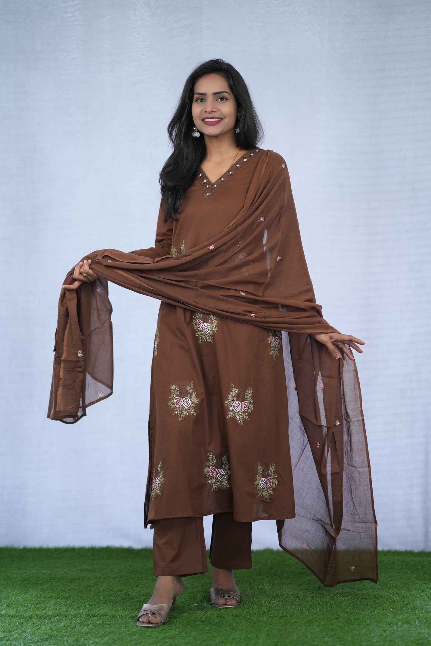 Brown Color Mul Cotton 3 Piece set With Embroidery work and Complete Lining
