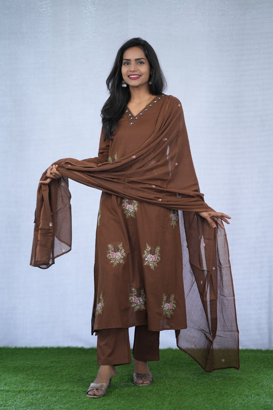 Brown Color Mul Cotton 3 Piece set With Embroidery work and Complete Lining